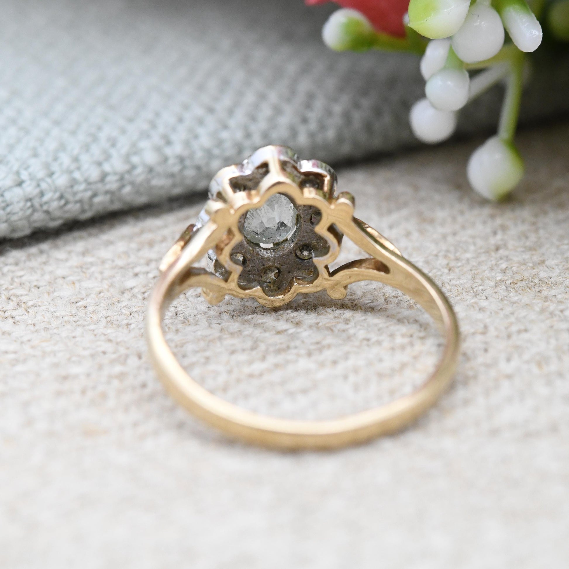 Vintage 9ct Gold Blue Gemstone Flower Cluster Ring - Statement Engagement | Floral Halo Ring | Small Size | UK Size - J 1/2 | US Size - 5