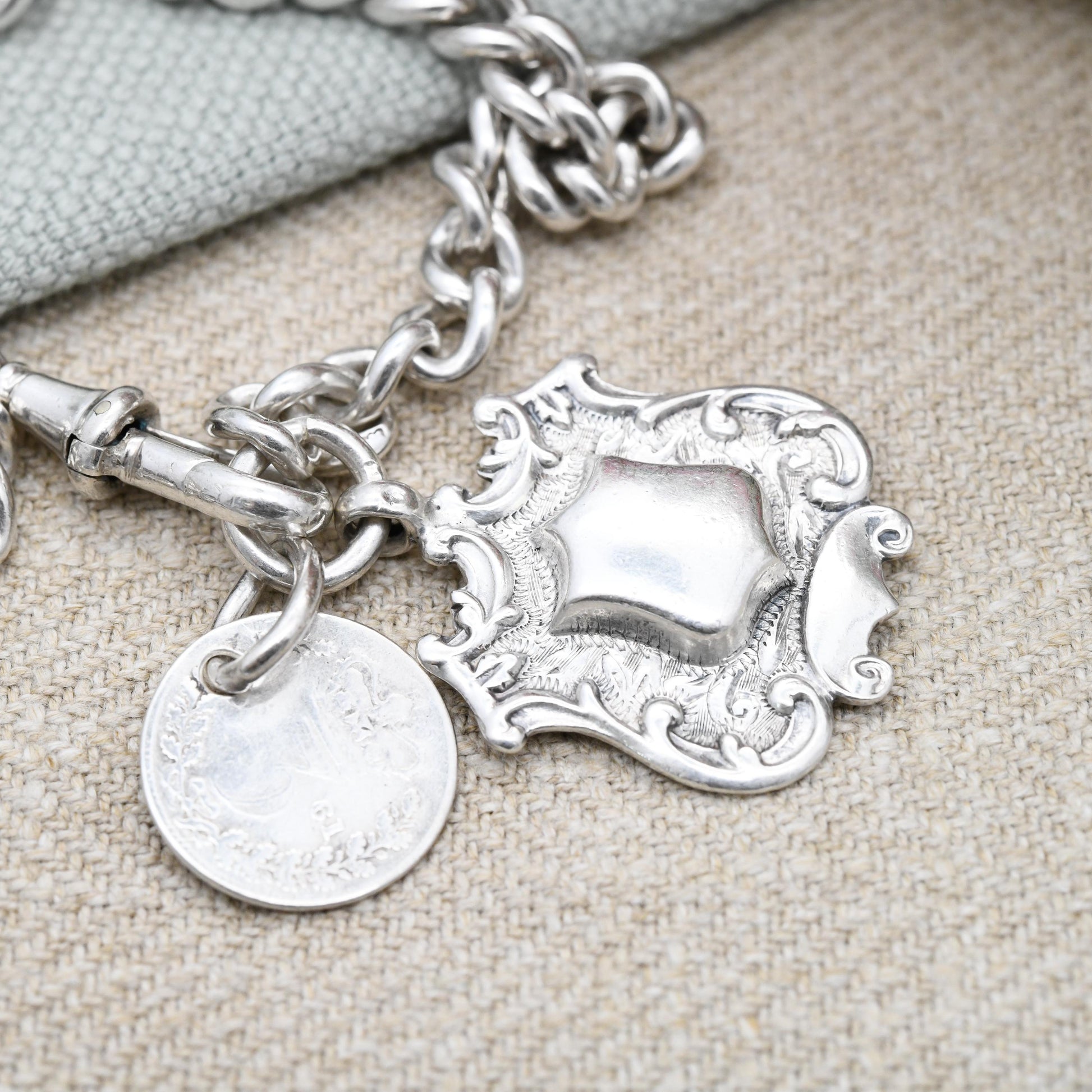 Antique Sterling Silver Albert Chain Necklace 1919 with Dog Clip and Watch Fob Pendant by James Walter Tiptaft - Victorian Threepence Coin