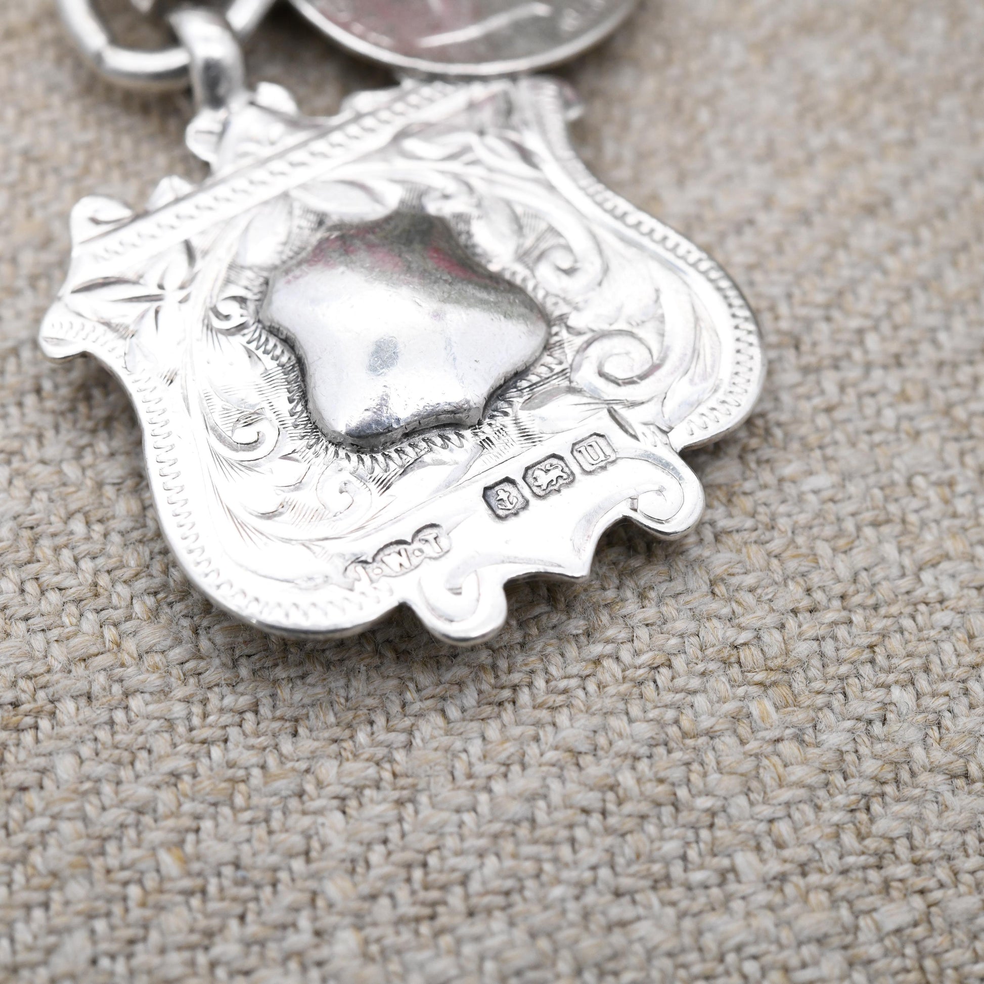 Antique Sterling Silver Albert Chain Necklace 1919 with Dog Clip and Watch Fob Pendant by James Walter Tiptaft - Victorian Threepence Coin