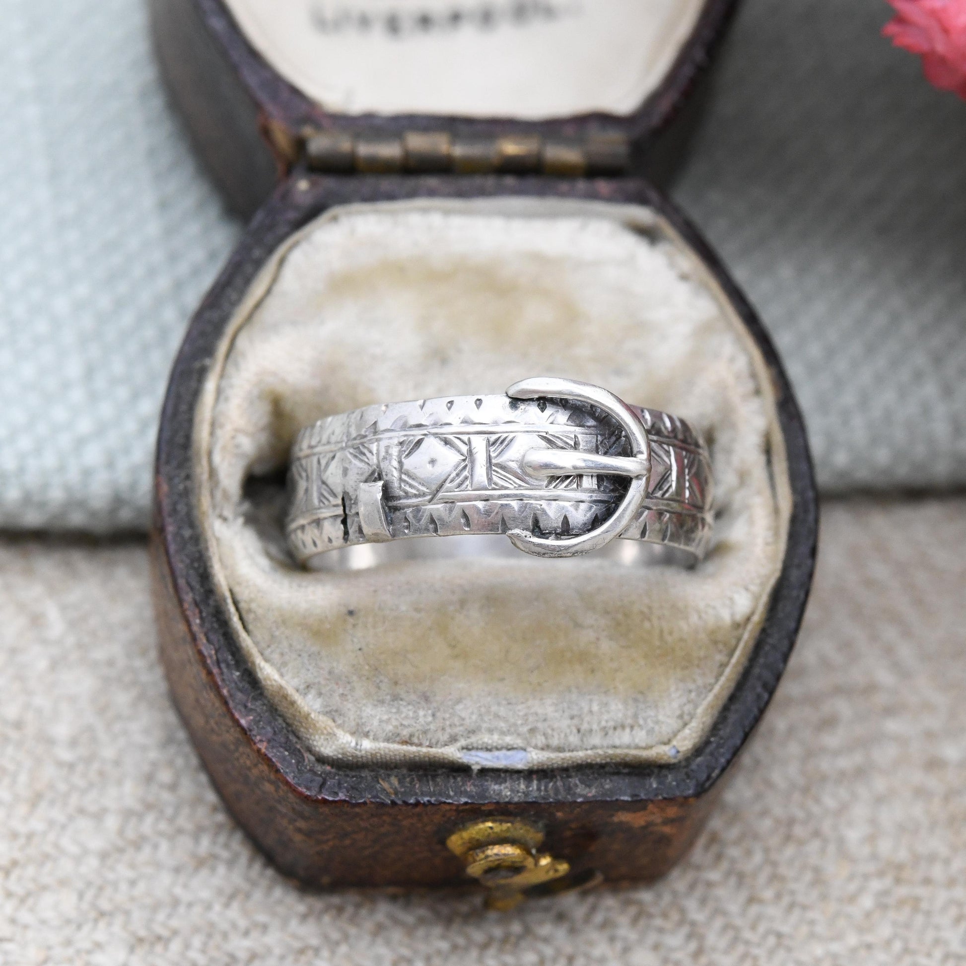 Antique Sterling Silver Buckle Ring 1887 - Victorian Band Unisex Belt Ring | Ornate Engraving Hand Engraved | UK Size - N | US Size - 6 3/4