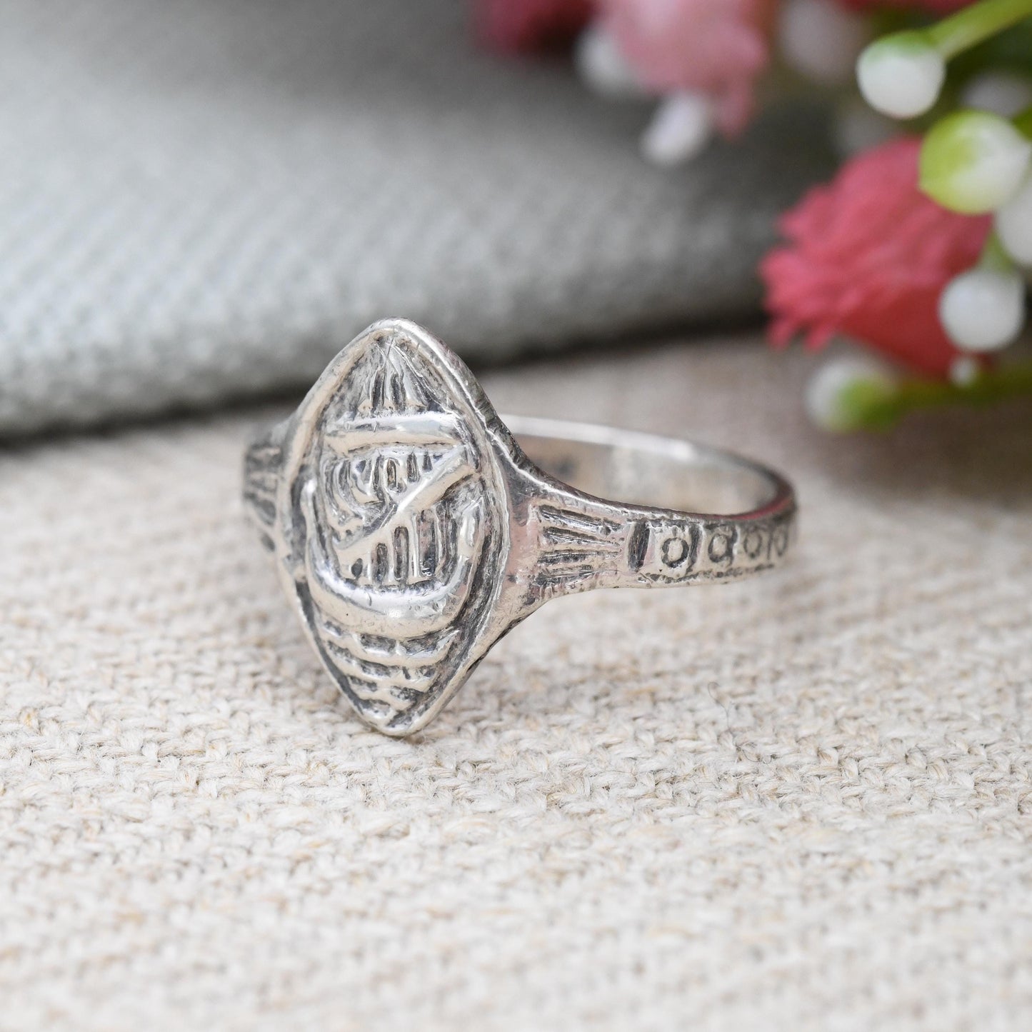 Vintage Sterling Silver Viking Ship Ring - French Kelt Celtic Breton Style Design | Marquise Shape Cameo | UK Size - M | US Size - 6 1/4