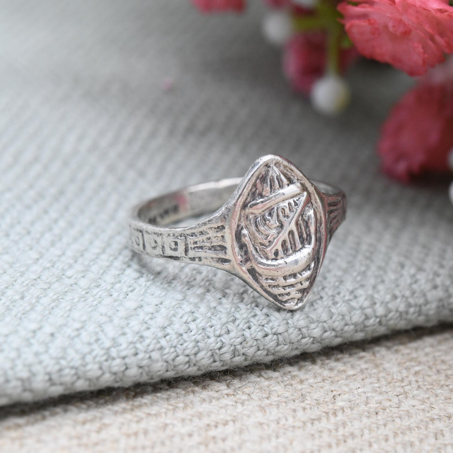 Vintage Sterling Silver Viking Ship Ring - French Kelt Celtic Breton Style Design | Marquise Shape Cameo | UK Size - M | US Size - 6 1/4