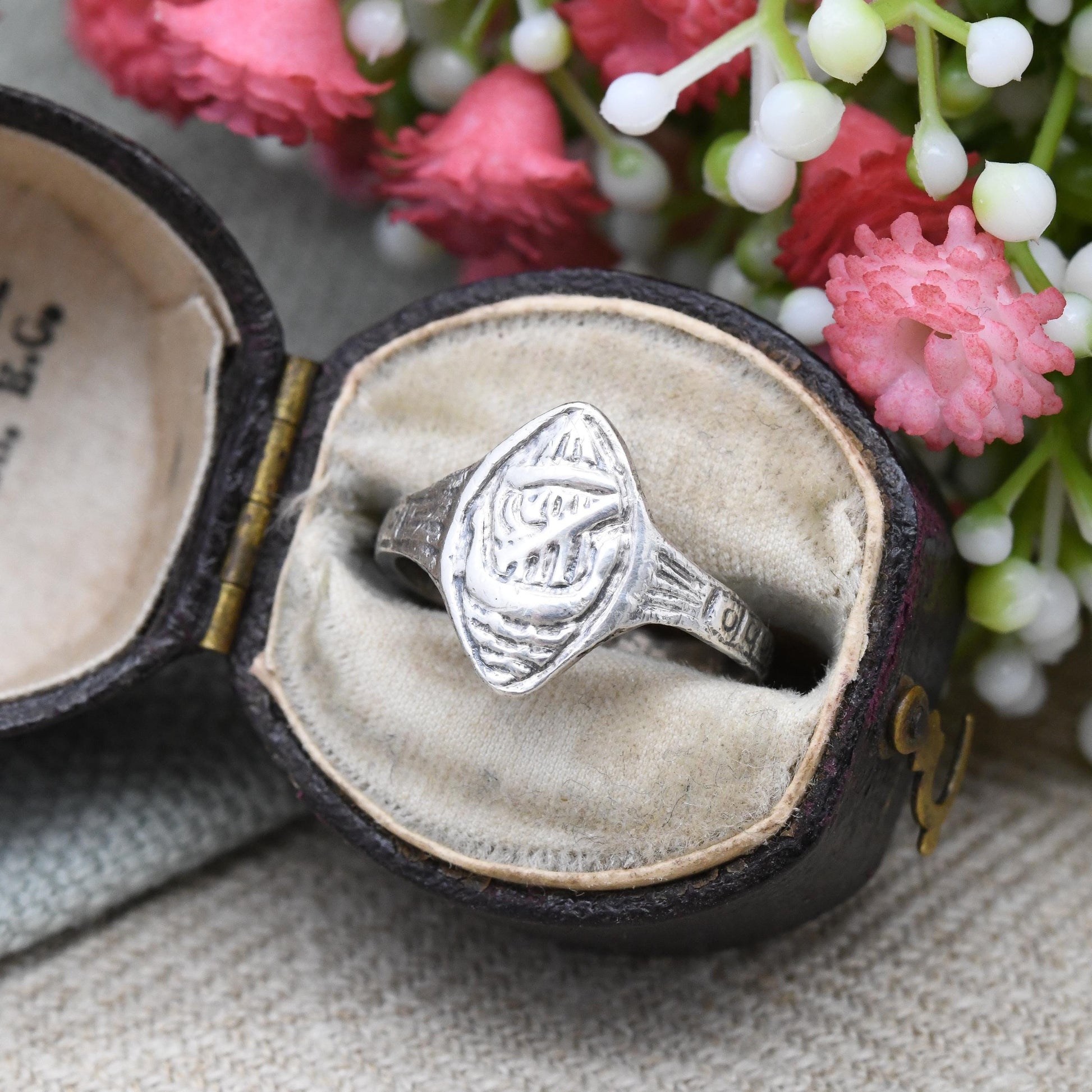 Vintage Sterling Silver Viking Ship Ring - French Kelt Celtic Breton Style Design | Marquise Shape Cameo | UK Size - M | US Size - 6 1/4