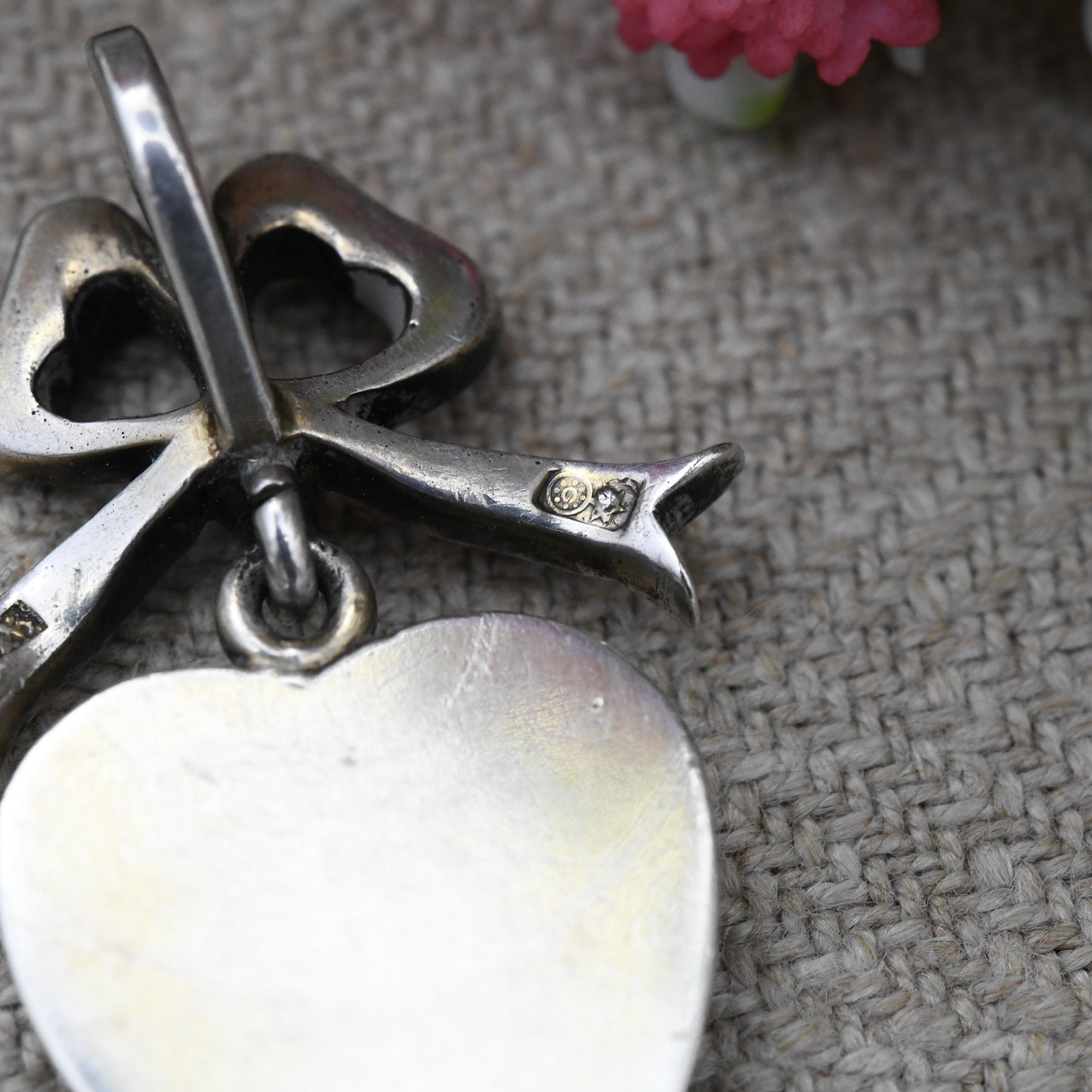 Antique Silver Paste Heart Pendant with Bow Bale c.1900 Victorian Edwardian Sentimental Jewellery - Articulated Drop Charm Romantic Gift