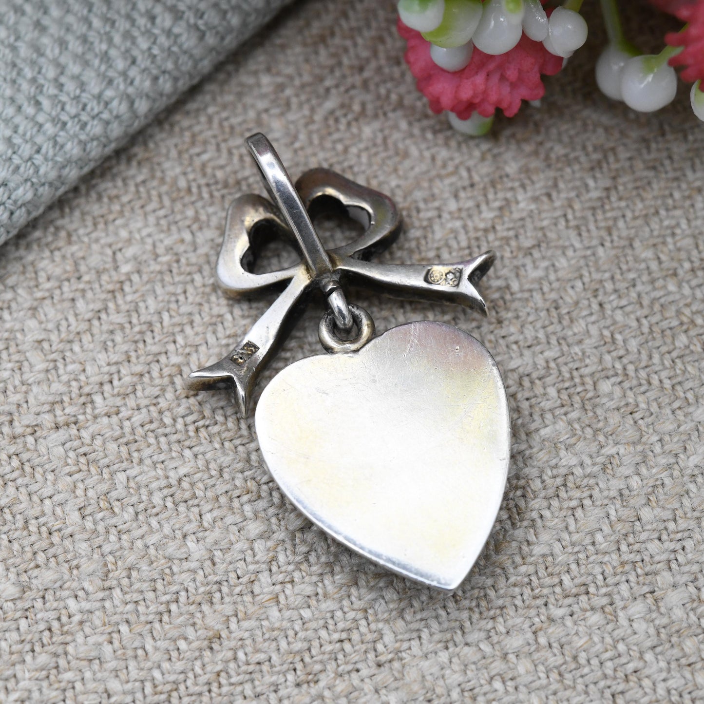 Antique Silver Paste Heart Pendant with Bow Bale c.1900 Victorian Edwardian Sentimental Jewellery - Articulated Drop Charm Romantic Gift