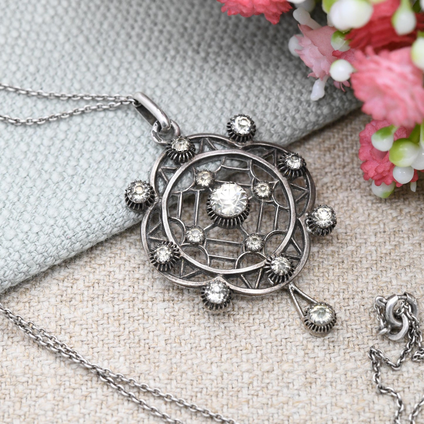 Vintage European Silver Paste Pendant Necklace - Clear Glass Paste Stones | .830 Silver Edwardian Antique Style Lavalier Pendant Trace Chain