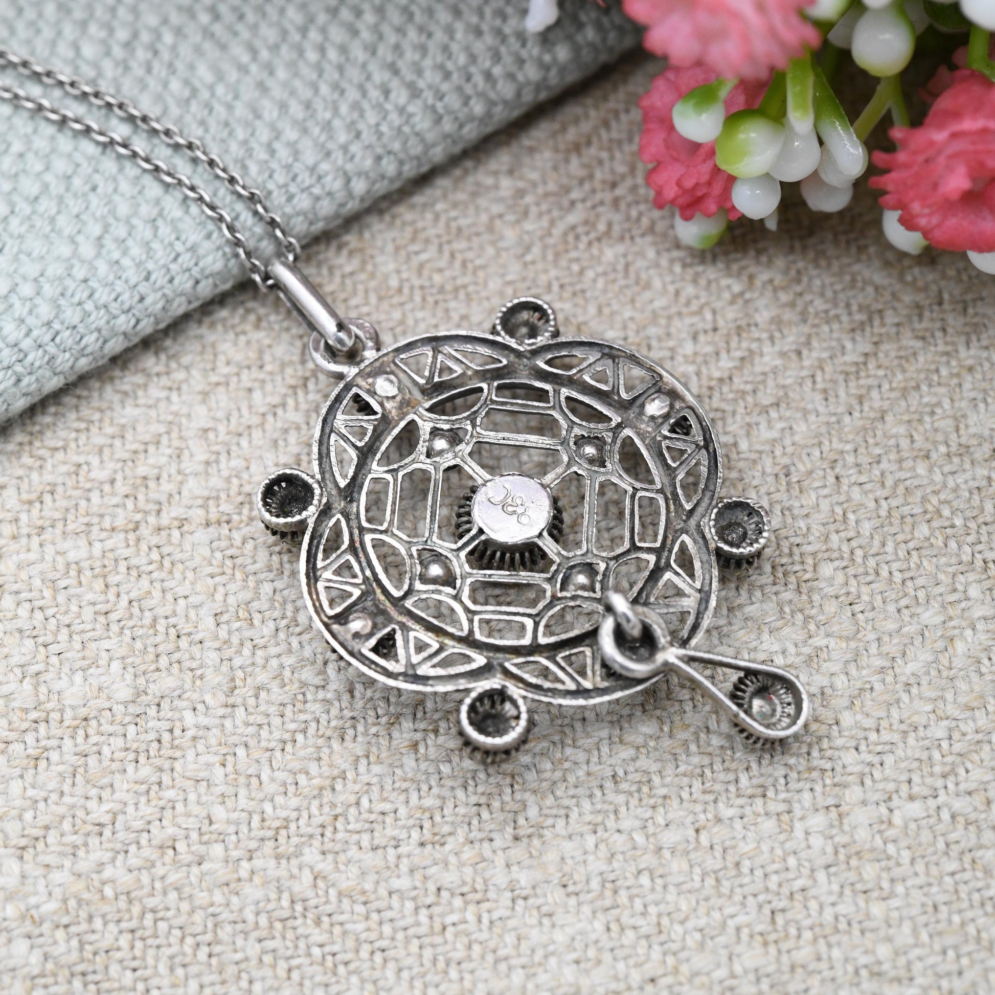 Vintage European Silver Paste Pendant Necklace - Clear Glass Paste Stones | .830 Silver Edwardian Antique Style Lavalier Pendant Trace Chain