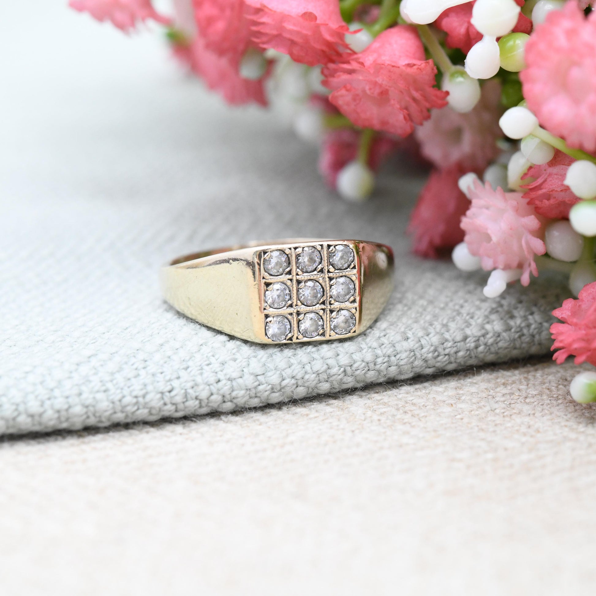 Vintage 9ct Gold CZ Signet Ring - Clear Stones 9 Stone Statement Signet | Gift for Him | Cubic Zirconia | UK Size - Q 1/2 | US Size - 8 1/4