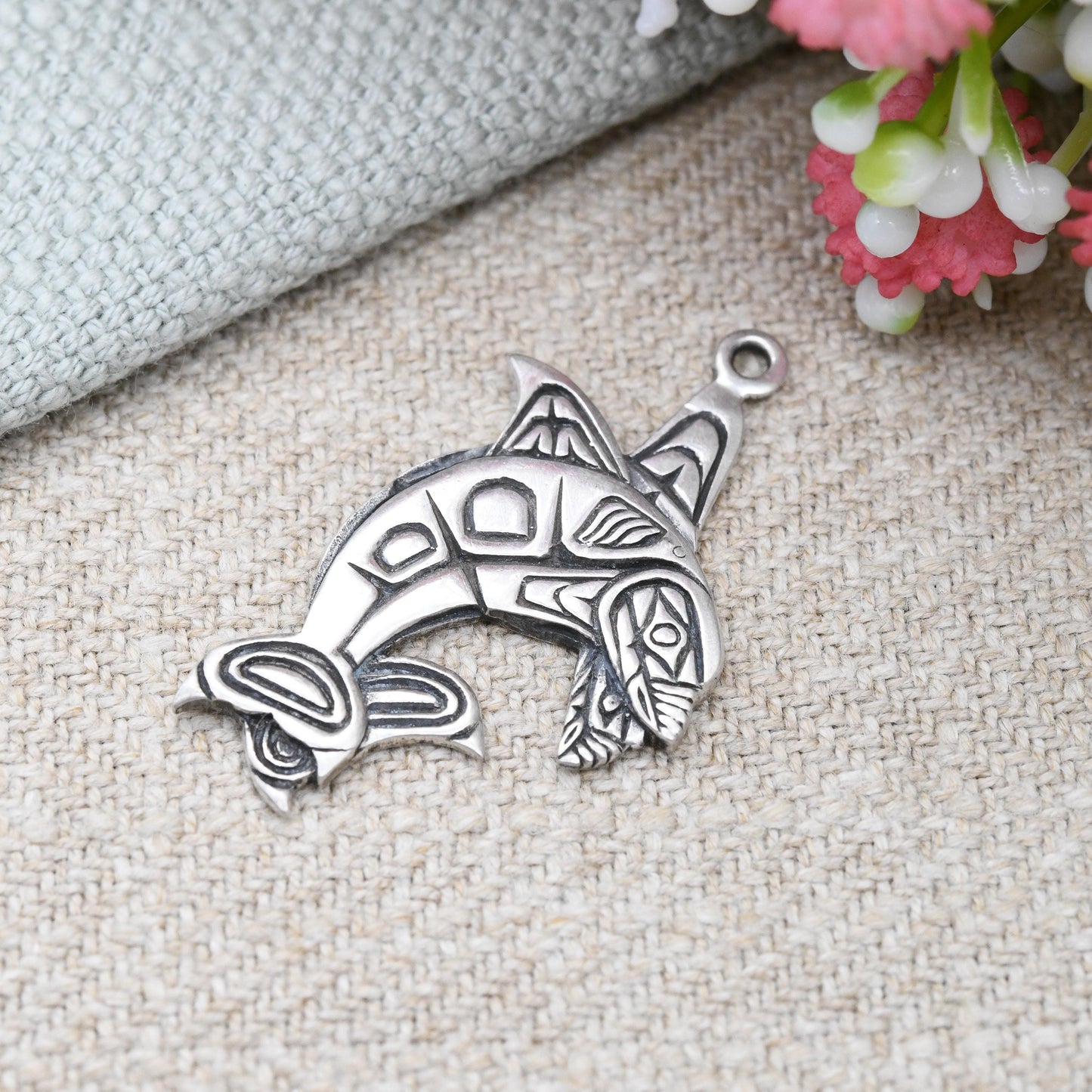 Vintage Richard Shorty Sterling Silver Orca Fish Pendant - Northern Tutchone First Nations Traditional Jewellery | Killer Whale Animal Yukon