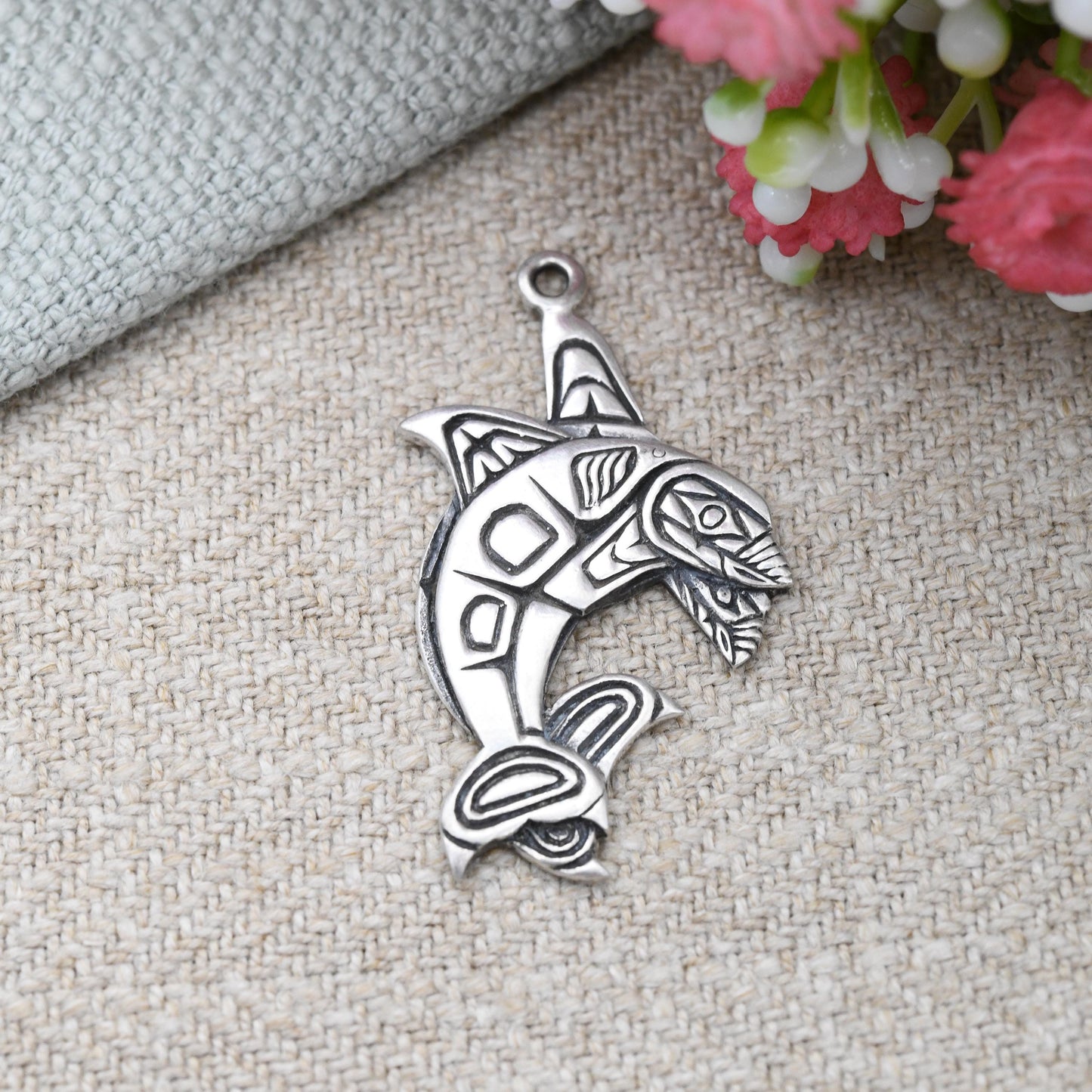 Vintage Richard Shorty Sterling Silver Orca Fish Pendant - Northern Tutchone First Nations Traditional Jewellery | Killer Whale Animal Yukon