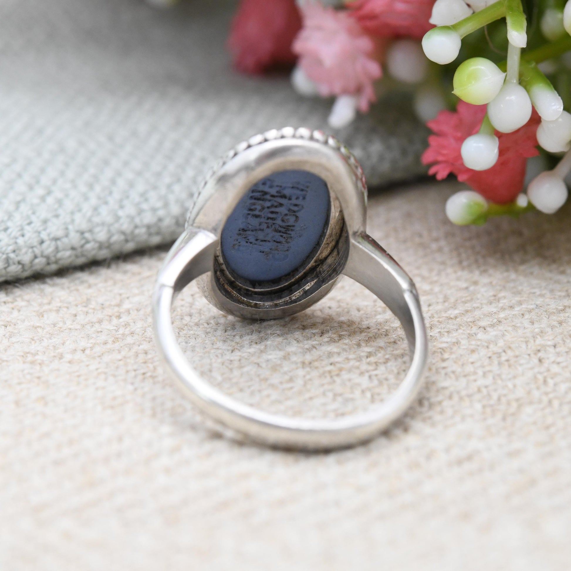Vintage Wedgwood Sterling Silver Blue Jasperware Cameo Ring Terpsichore with Lyre - Greek Muse of Dance Column | UK Size - M | US Size - 6