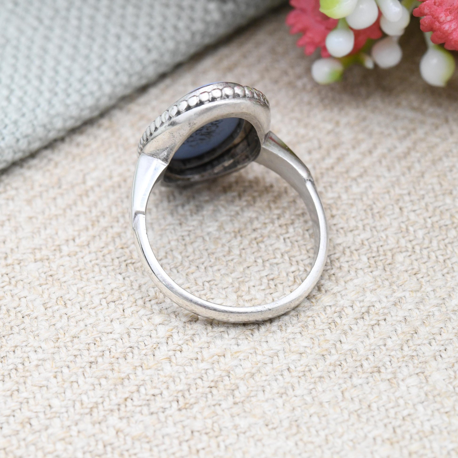 Vintage Wedgwood Sterling Silver Blue Jasperware Cameo Ring Terpsichore with Lyre - Greek Muse of Dance Column | UK Size - M | US Size - 6