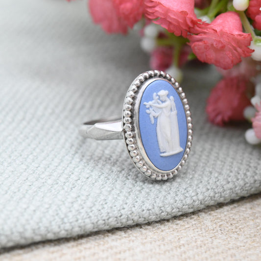 Vintage Wedgwood Sterling Silver Blue Jasperware Cameo Ring Terpsichore with Lyre - Greek Muse of Dance Column | UK Size - M | US Size - 6