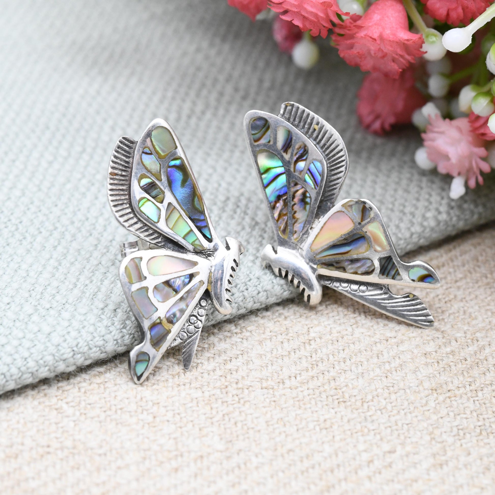 Vintage Sterling Silver Butterfly Earrings Abalone Shell - Large Pair | Blue Paua Shell | Statement Stud Earrings | Winged Flying Insect