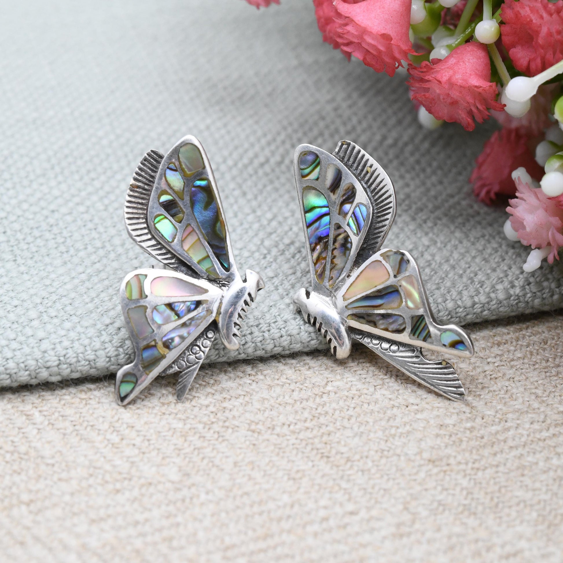 Vintage Sterling Silver Butterfly Earrings Abalone Shell - Large Pair | Blue Paua Shell | Statement Stud Earrings | Winged Flying Insect