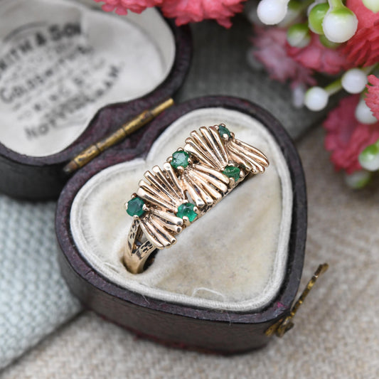 Vintage 9ct Gold Emerald Ring Mid-Century 1970 - Green Gemstone Statement Ring | Unusual May Birthstone Gift | UK Size - M | US Size - 6