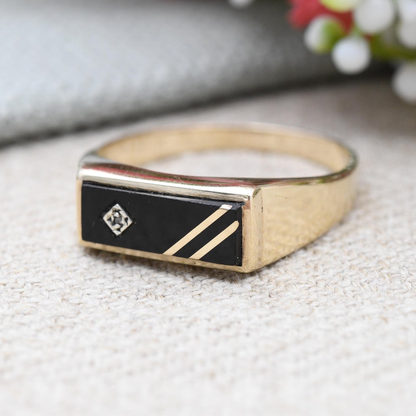 Vintage 9ct Gold Onyx Diamond Signet Ring 1989 with Gold Stripes - Unisex Gift for Boyfriend | Large UK Size - U | US Size - 10