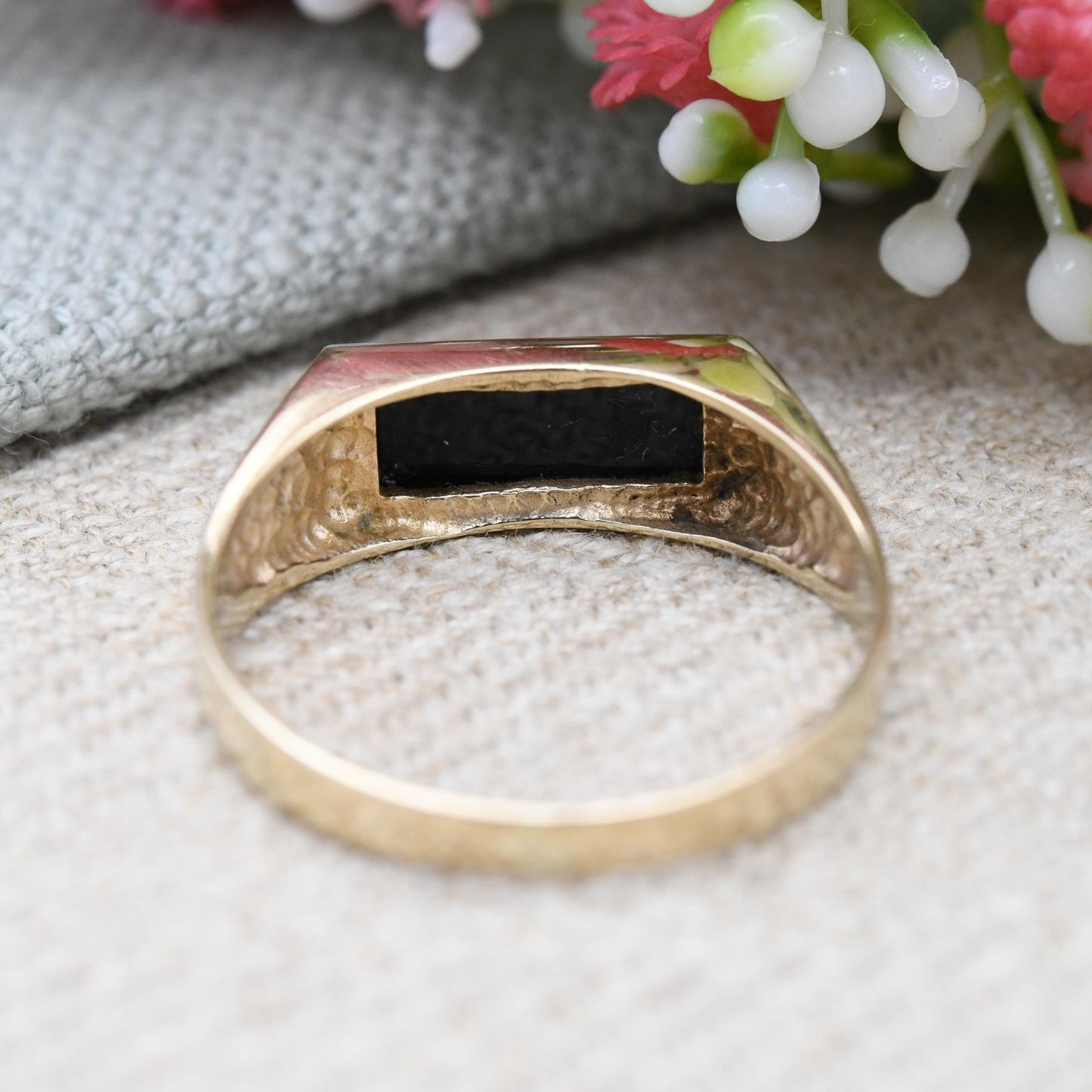 Vintage 9ct Gold Onyx Diamond Signet Ring 1989 with Gold Stripes - Unisex Gift for Boyfriend | Large UK Size - U | US Size - 10