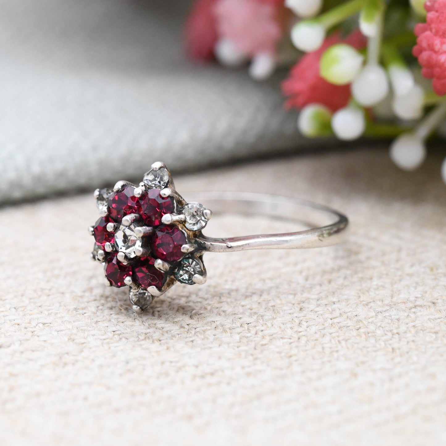 Vintage Sterling Silver Cluster Flower Ring with Pink and Clear Stones - Statement Floral Cocktail Ring | UK Size - Q 1/2 | US Size - 8 1/2