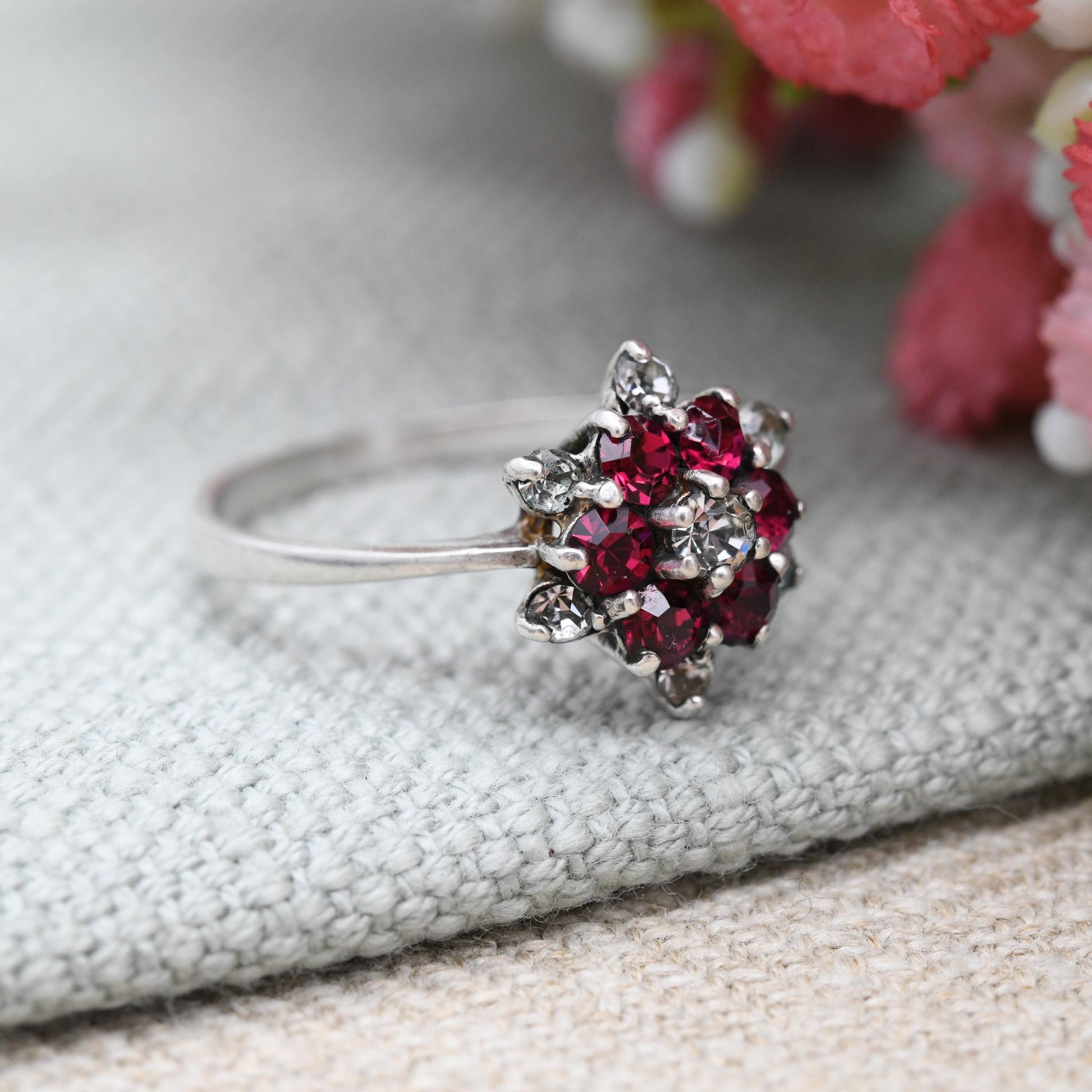 Vintage Sterling Silver Cluster Flower Ring with Pink and Clear Stones - Statement Floral Cocktail Ring | UK Size - Q 1/2 | US Size - 8 1/2