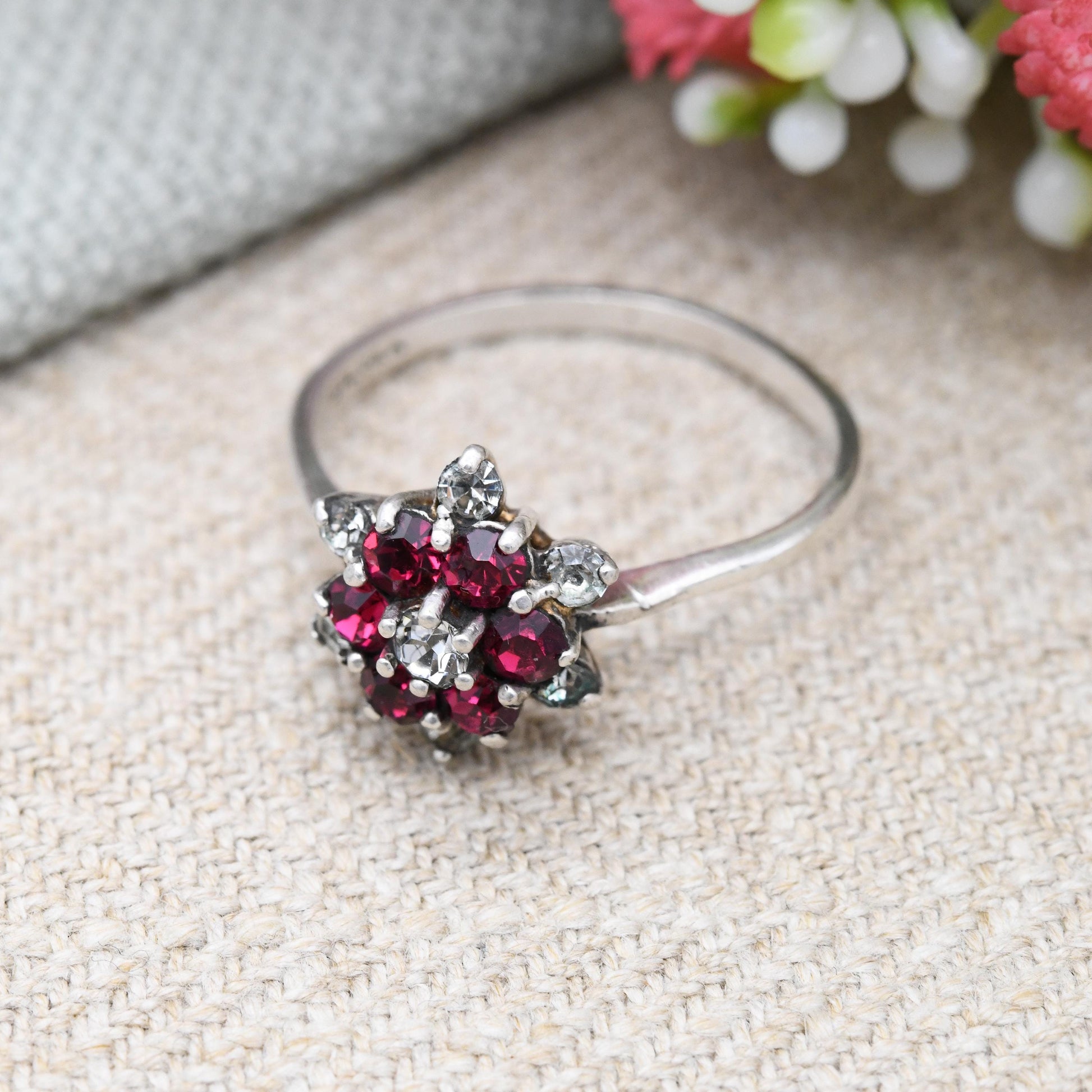 Vintage Sterling Silver Cluster Flower Ring with Pink and Clear Stones - Statement Floral Cocktail Ring | UK Size - Q 1/2 | US Size - 8 1/2