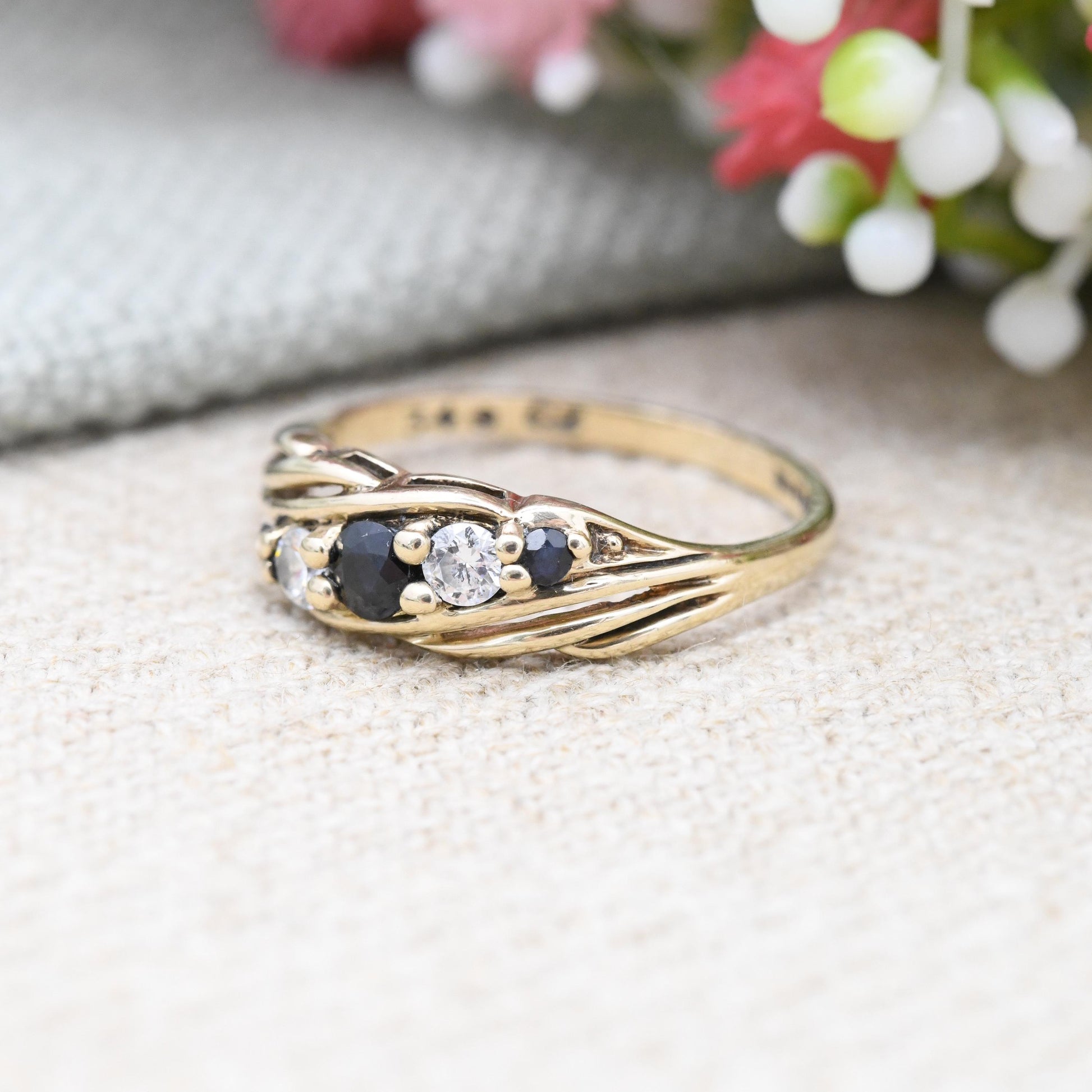 Vintage 9ct Gold Sapphire and CZ Five Stone Twist Ring 1991 - Graduating Stones Placeholder Engagement Ring | UK Size - K | US Size - 5 1/4