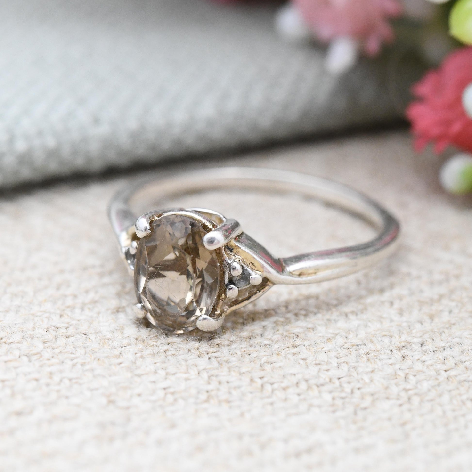 Vintage Sterling Silver Smoky Quartz Solitaire Ring with Clear Side Stone - Brown Gemstone Delicate Design | UK Size - N 1/2 | US Size - 7