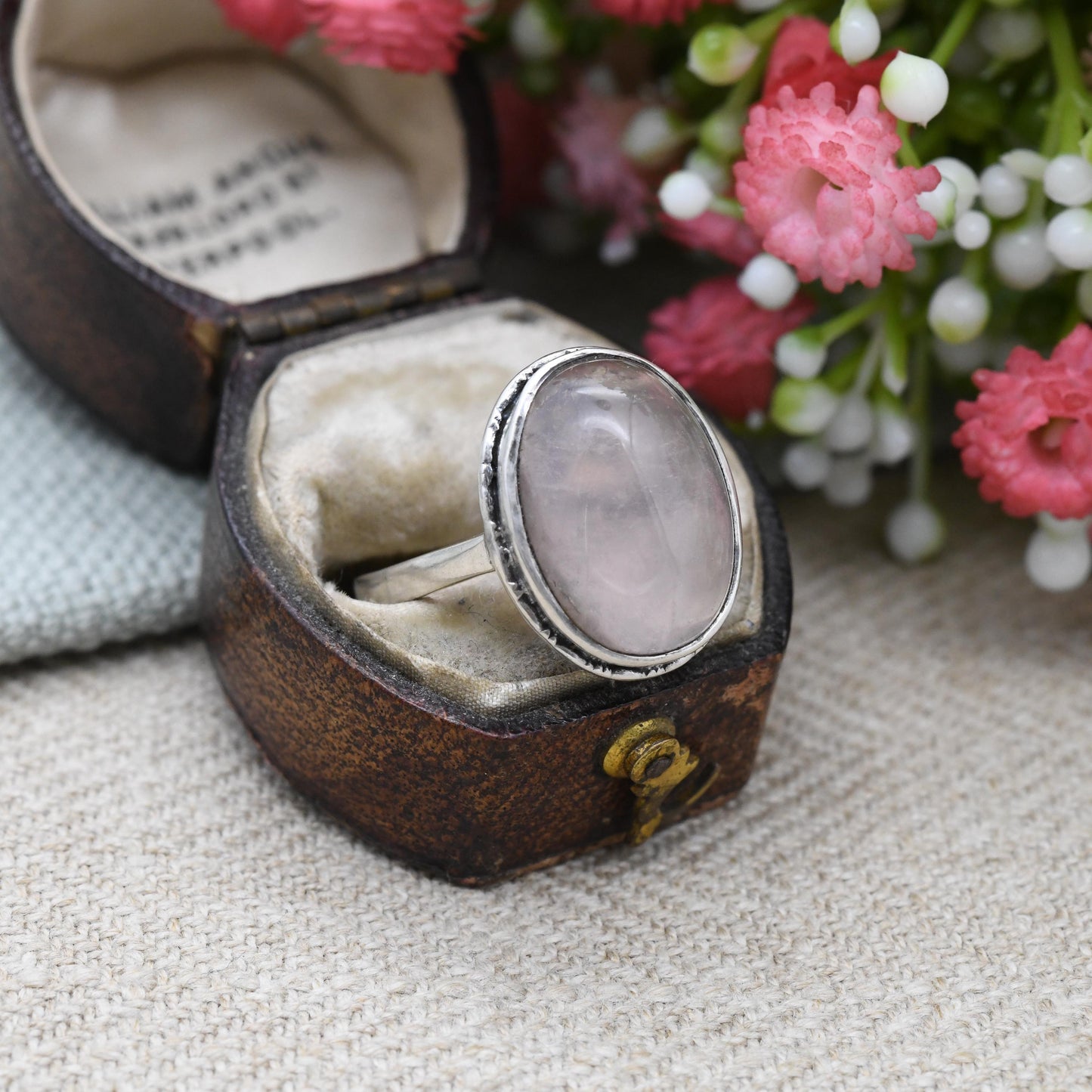 Vintage Sterling Silver Rose Quartz Ring - True Vintage | Large Cabochon Oval Stone | Pretty Baby Pink Gemstone | UK Size - O | US Size - 7