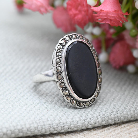 Vintage Sterling Silver Onyx Marcasite Ring - Art Deco Style | Oval Flush Gemstone Halo | Statement Ring | UK Size - N | US Size - 6 1/2