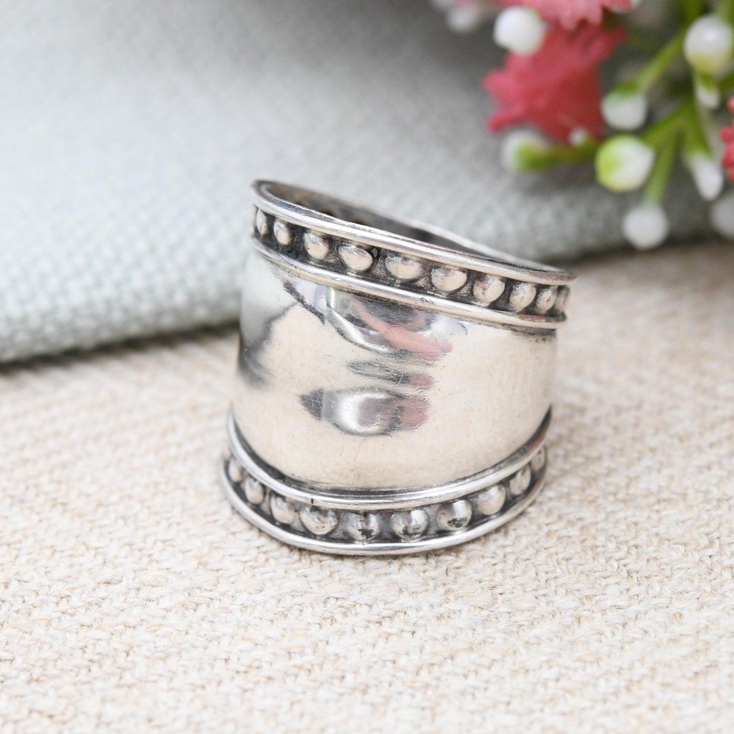 Vintage Silver Armour Ring Spoon Jewellery Style - Chunky Granulated Band | Mid-Century Modernist | UK Size - O 1/2 | US Size - 7 1/2