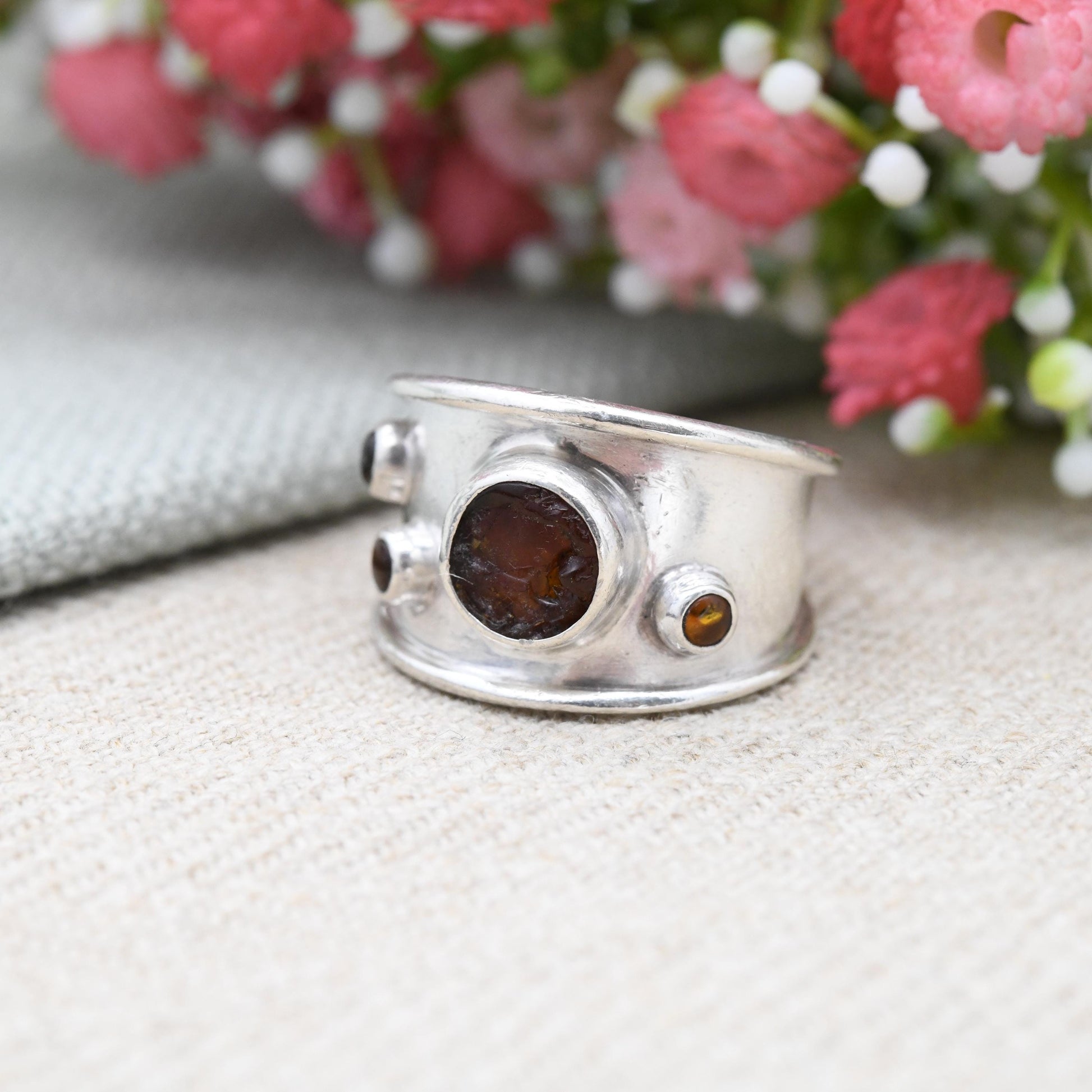 Vintage Sterling Silver Amber Ring Chunky Multi Gemstone Band - Wide Band Ring Mid-Century Modern Style | UK Size - P | US Size - 7 3/4