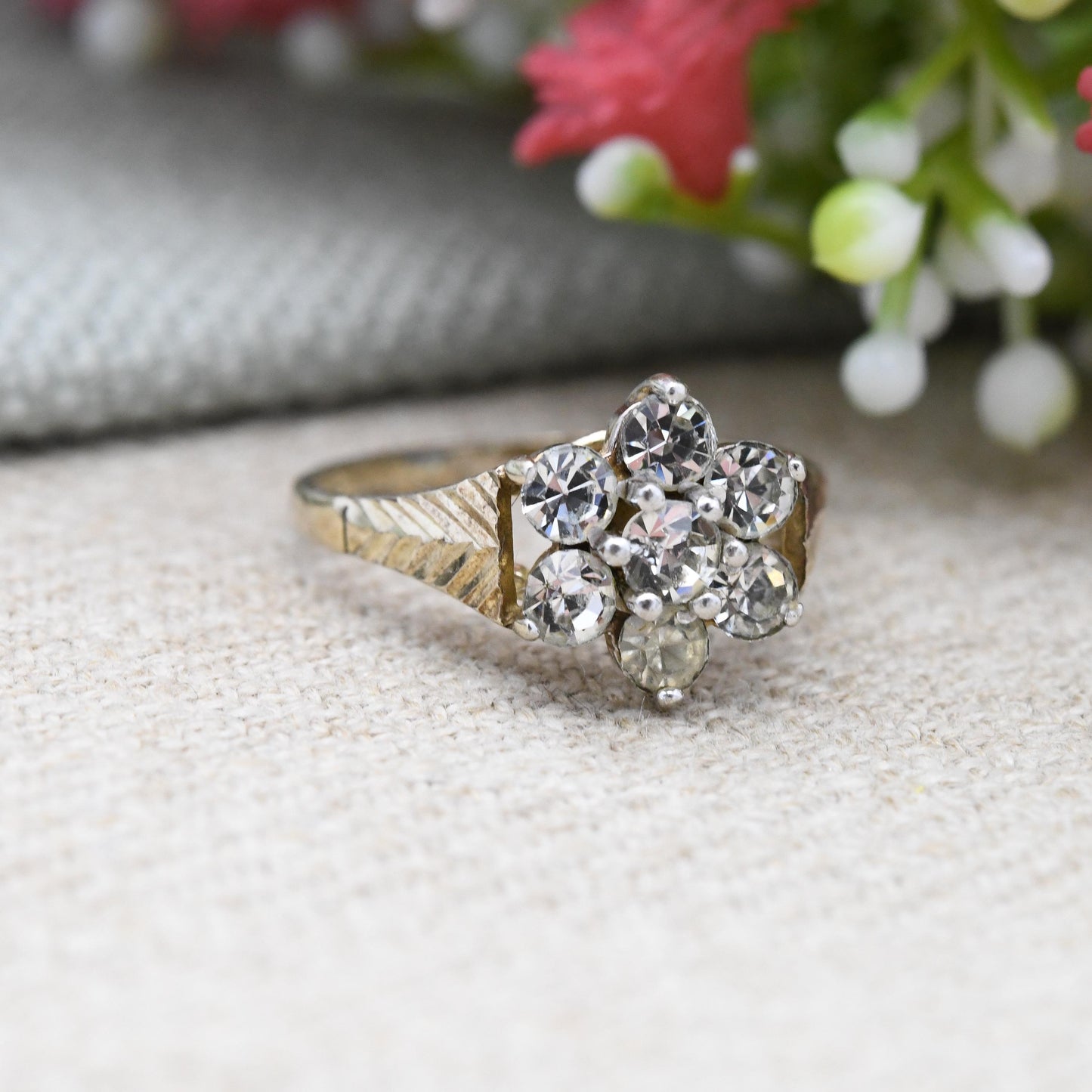 Vintage Gold Plated Sterling Silver Cluster Flower Ring 1992 - Statement Cocktail Ring with CZ | UK Size - L | US Size - 5 3/4