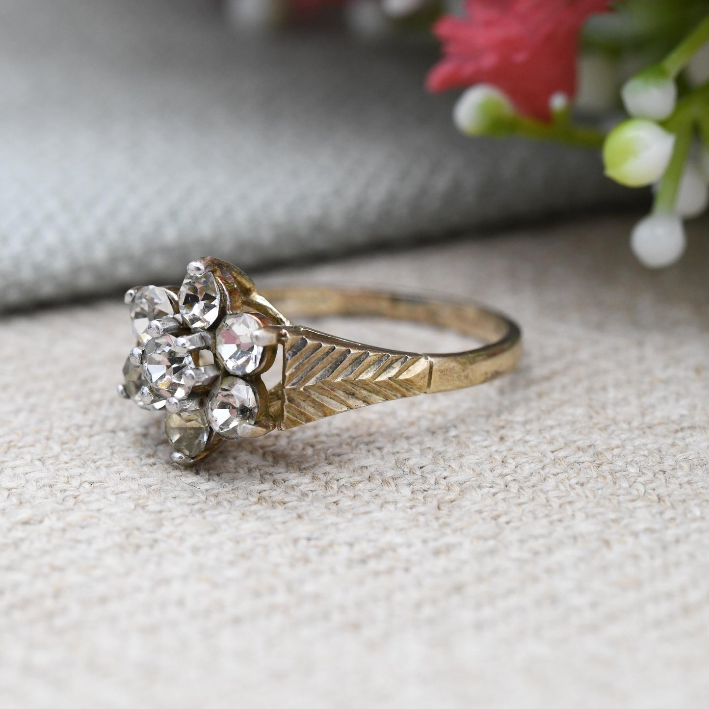 Vintage Gold Plated Sterling Silver Cluster Flower Ring 1992 - Statement Cocktail Ring with CZ | UK Size - L | US Size - 5 3/4