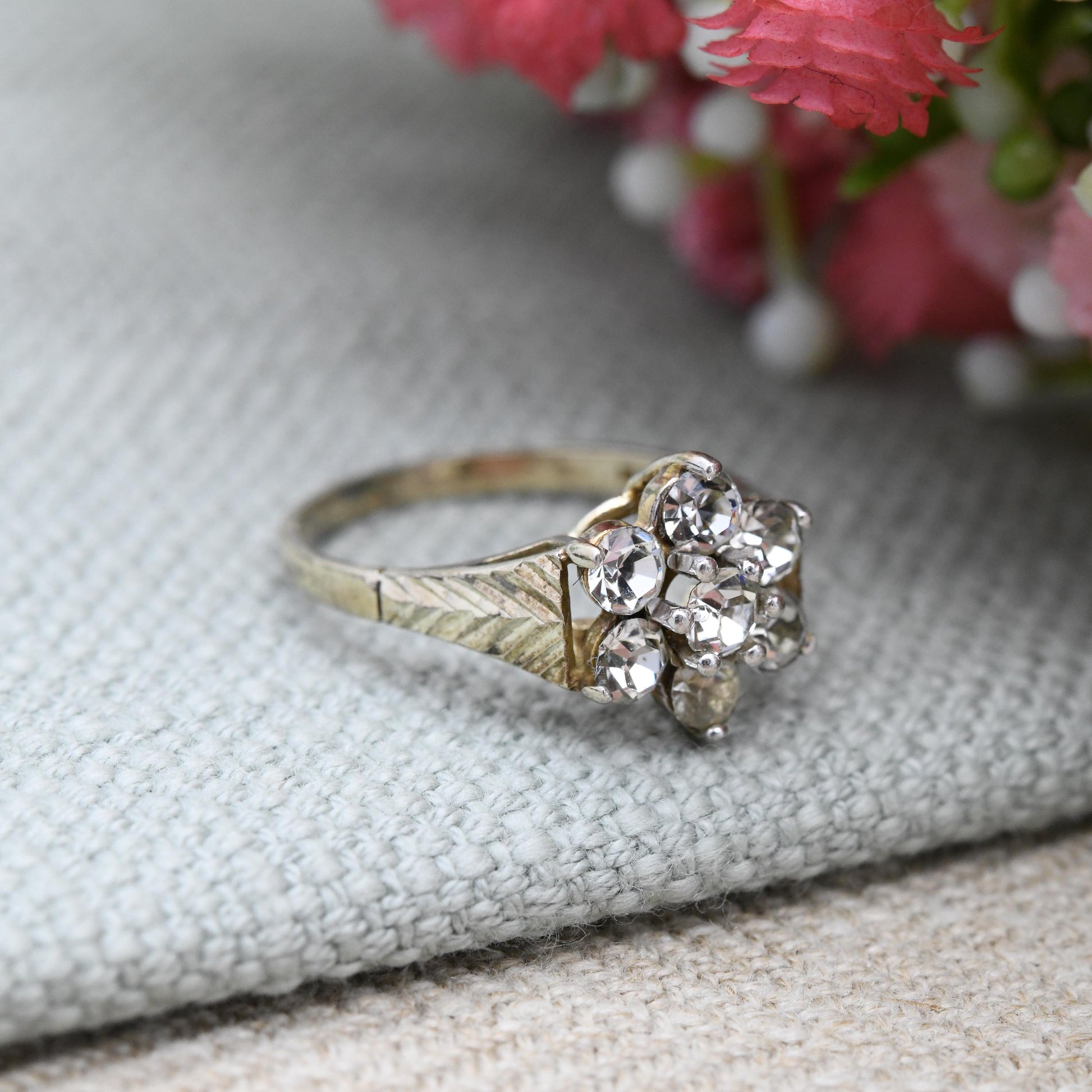 Vintage Gold Plated Sterling Silver Cluster Flower Ring 1992 - Statement Cocktail Ring with CZ | UK Size - L | US Size - 5 3/4