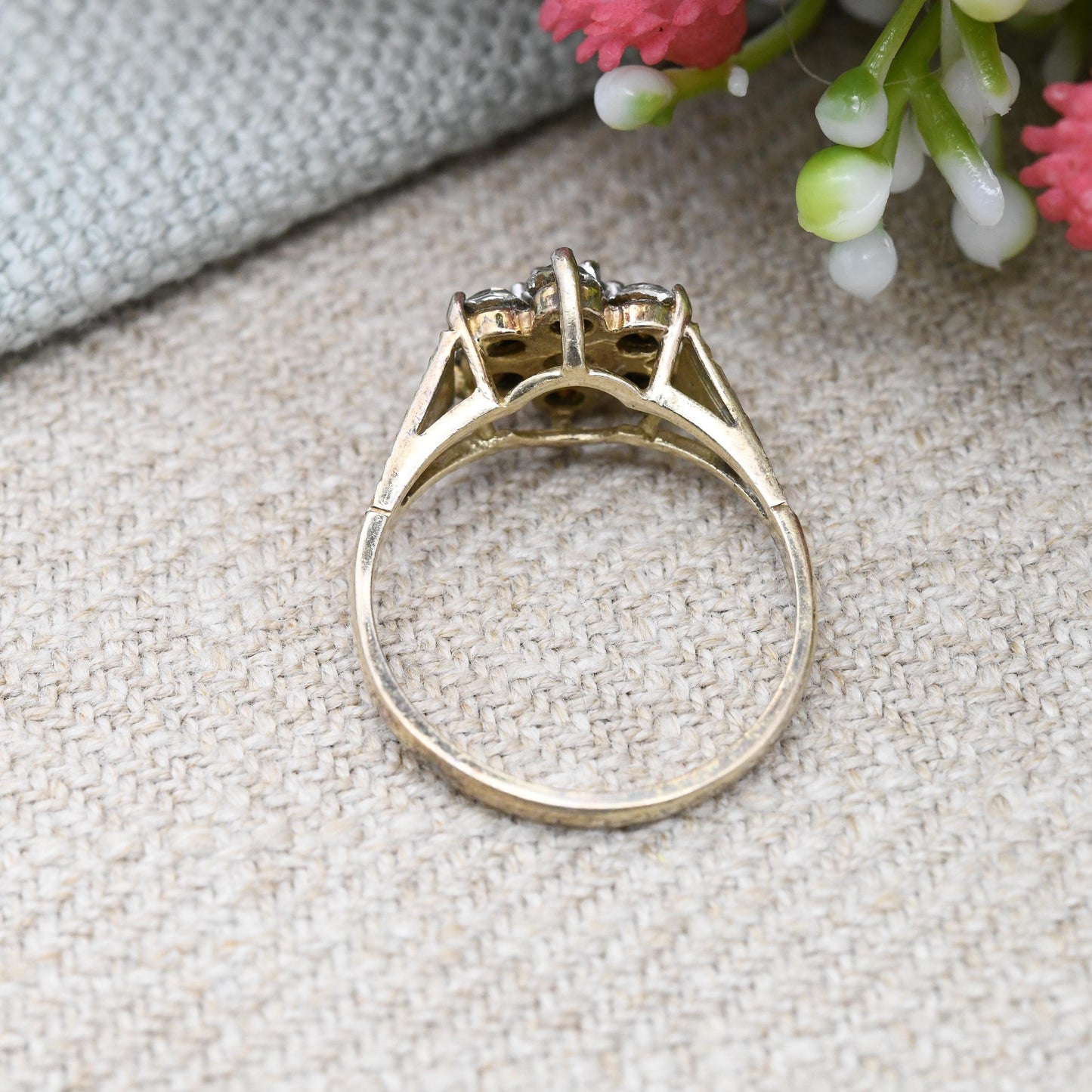 Vintage Gold Plated Sterling Silver Cluster Flower Ring 1992 - Statement Cocktail Ring with CZ | UK Size - L | US Size - 5 3/4