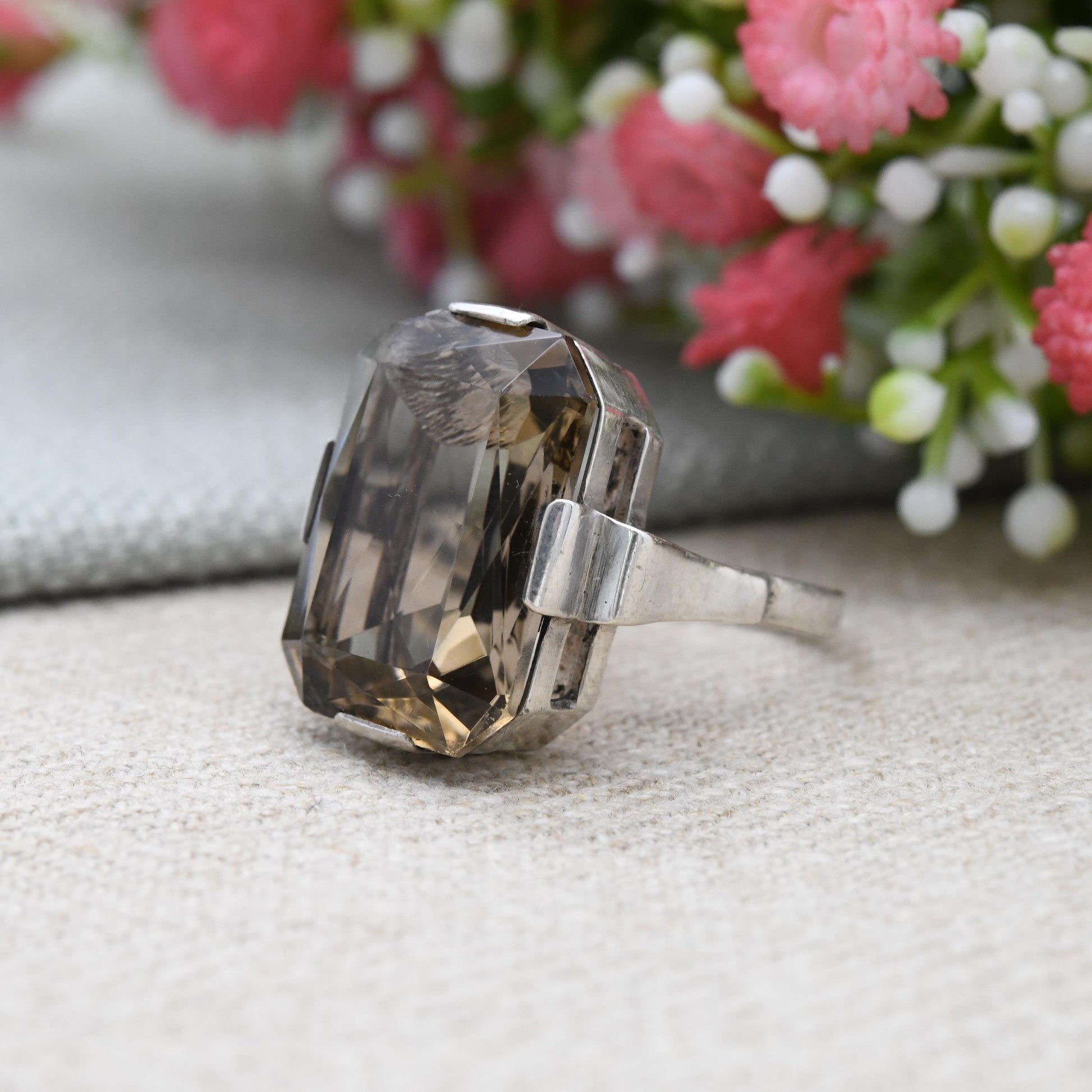 Vintage Sterling Silver Smoky Quartz Ring A925 - True Vintage Mid-Century Faceted Brown Gemstone Solitaire | UK Size - P 1/2 US Size - 8