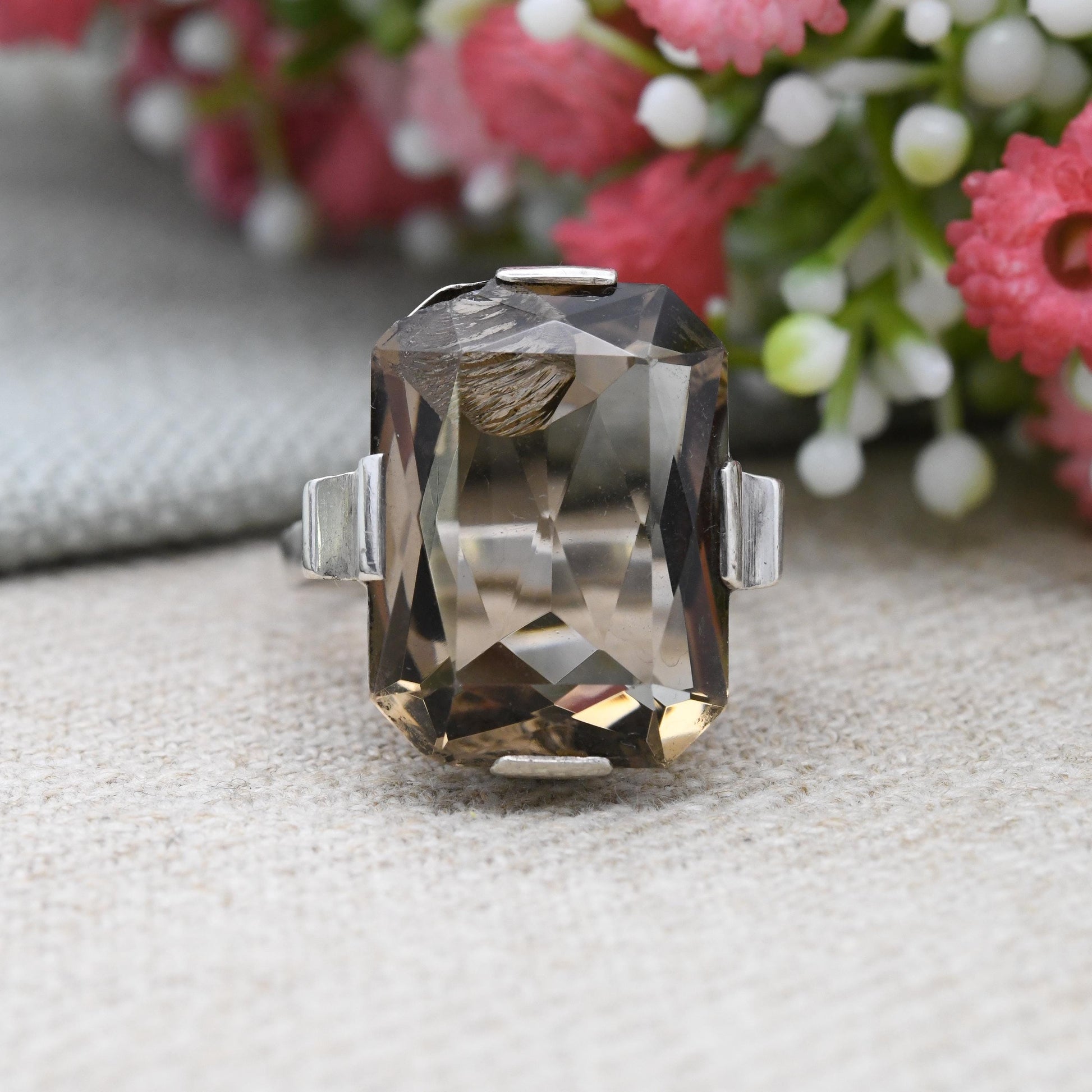 Vintage Sterling Silver Smoky Quartz Ring A925 - True Vintage Mid-Century Faceted Brown Gemstone Solitaire | UK Size - P 1/2 US Size - 8