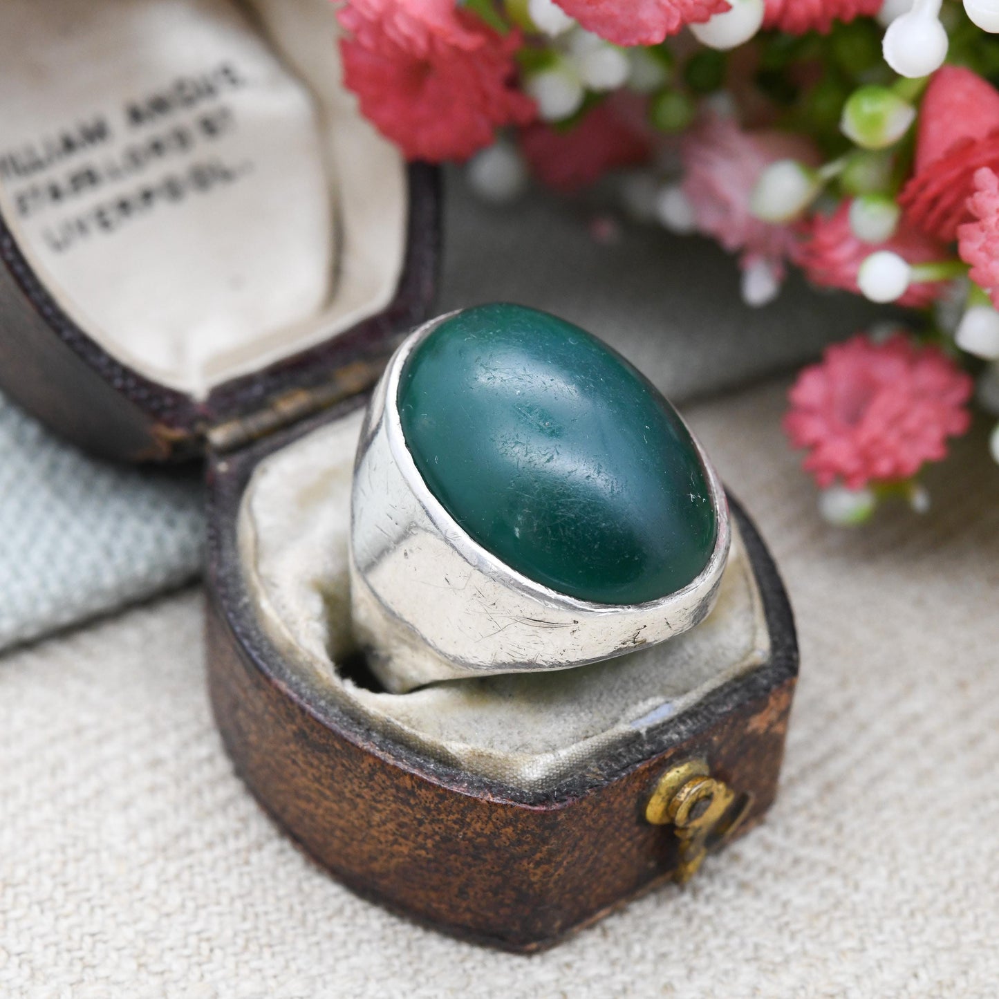 Vintage Sterling Silver Chrysoprase Statement Ring Mid-Century - Large Cabochon Gemstone Chunky Statement | UK Size - L 1/2 | US Size - 6