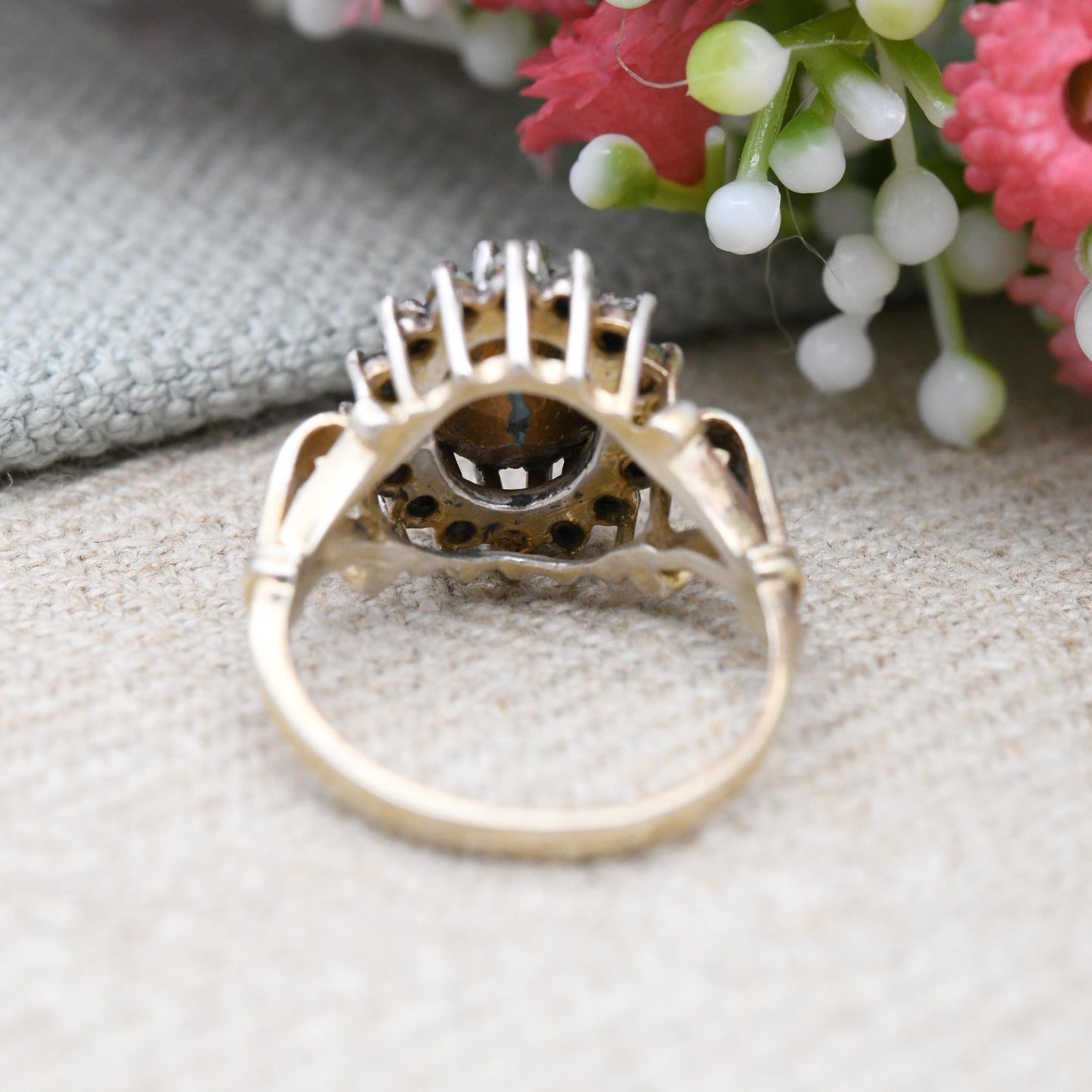 Vintage Sterling Silver Blue Stone Cluster Flower Ring 1992 Gold Plated - Statement Sparkly Cocktail Ring | UK Size - L | US Size - 5 3/4