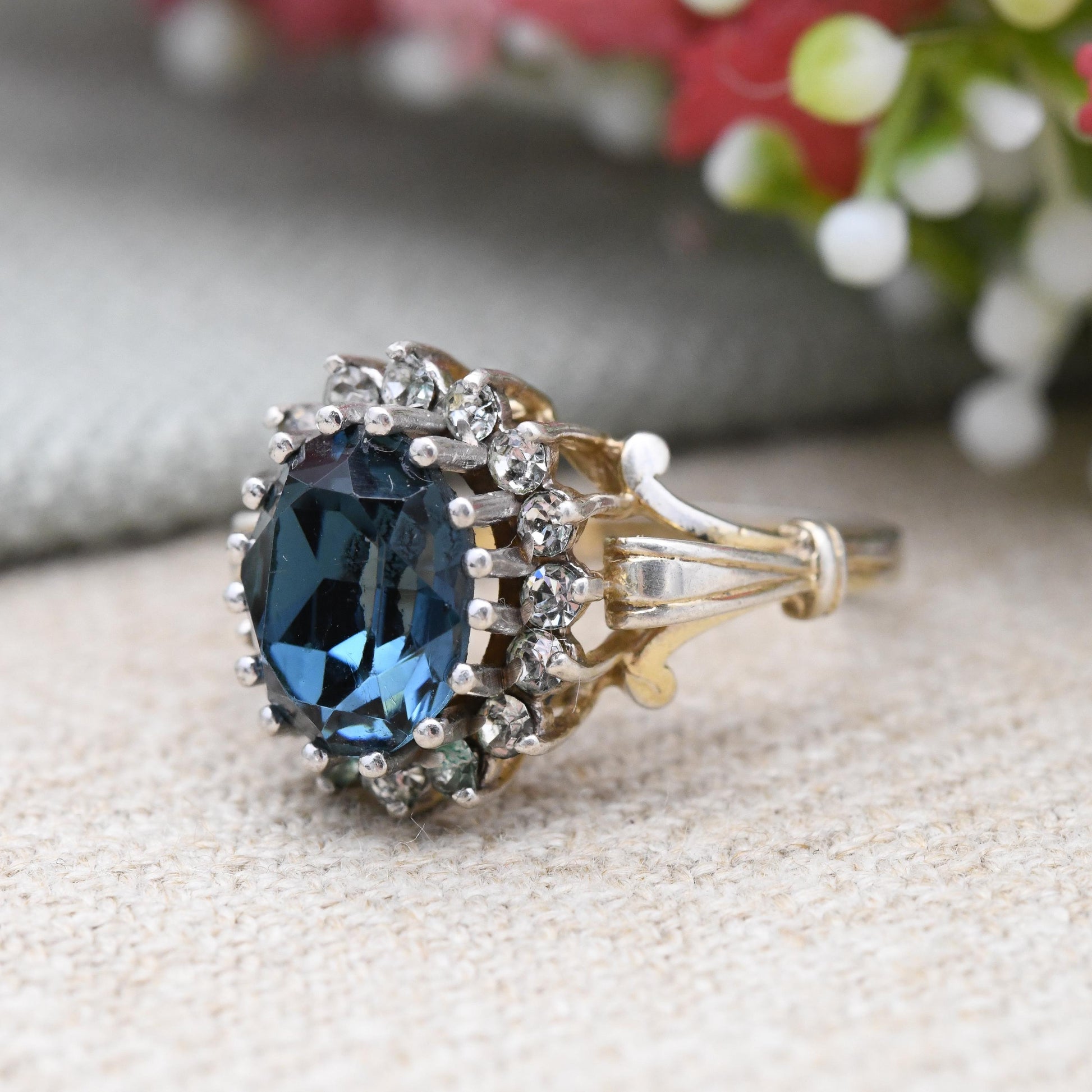 Vintage Sterling Silver Blue Stone Cluster Flower Ring 1992 Gold Plated - Statement Sparkly Cocktail Ring | UK Size - L | US Size - 5 3/4