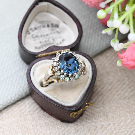 Vintage Sterling Silver Blue Stone Cluster Flower Ring 1992 Gold Plated - Statement Sparkly Cocktail Ring | UK Size - L | US Size - 5 3/4