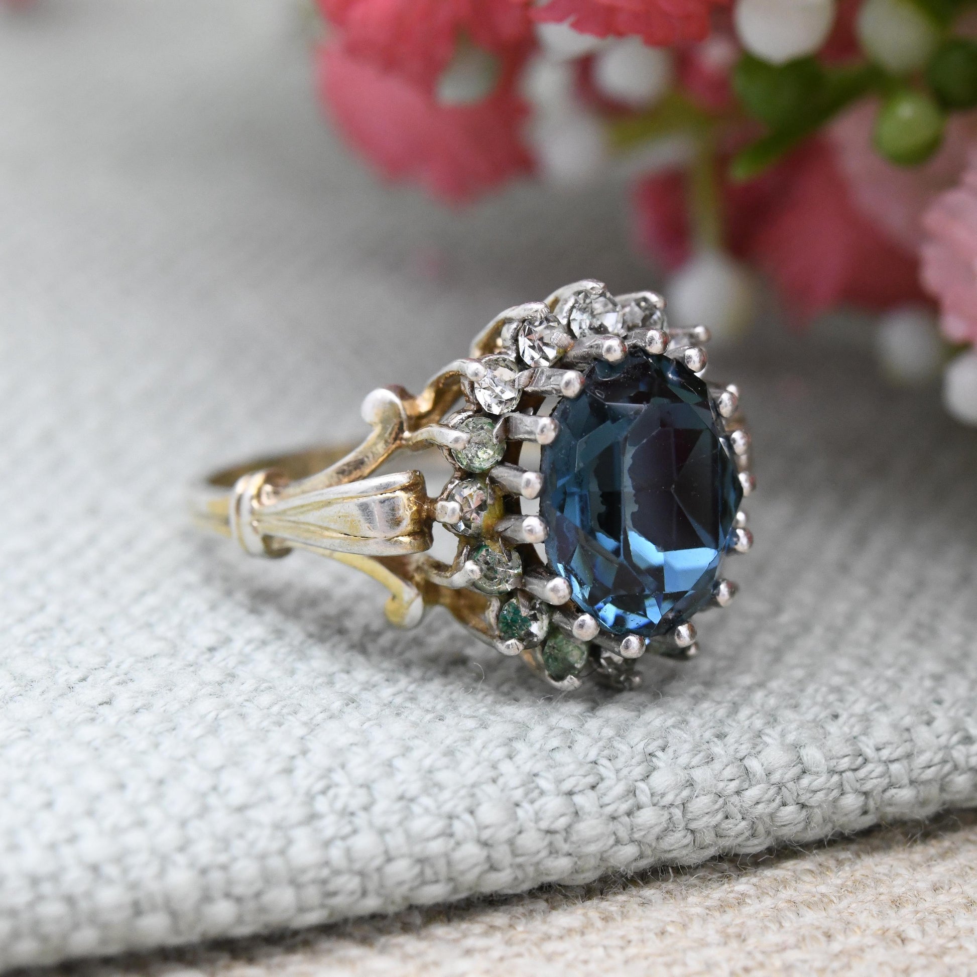 Vintage Sterling Silver Blue Stone Cluster Flower Ring 1992 Gold Plated - Statement Sparkly Cocktail Ring | UK Size - L | US Size - 5 3/4