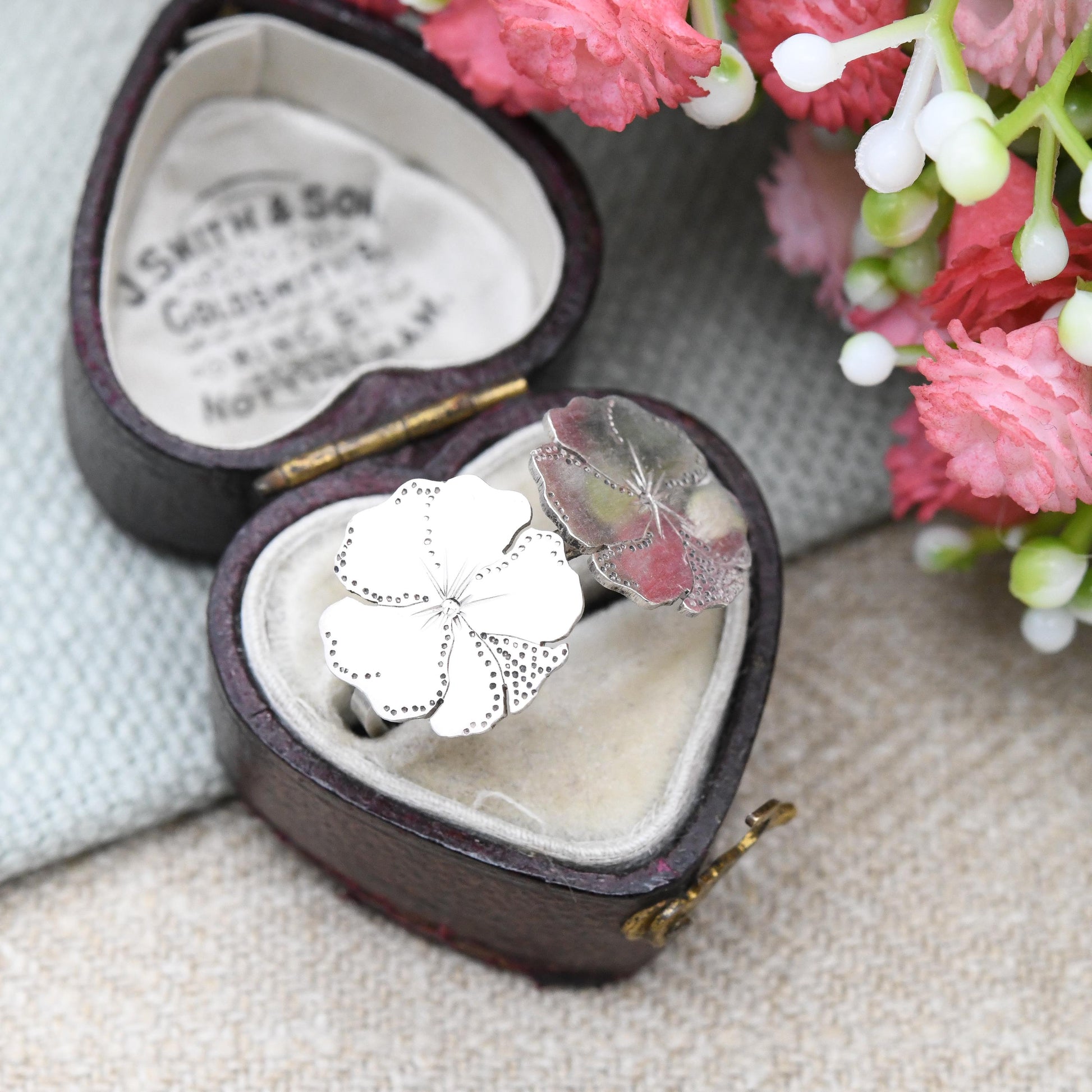 Vintage Sterling Silver Flower Ring 1974 - Two Flowers Sculptural Floral | Mid-Century Formed Solid Silver | UK Size - P | US Size - 7 1/2