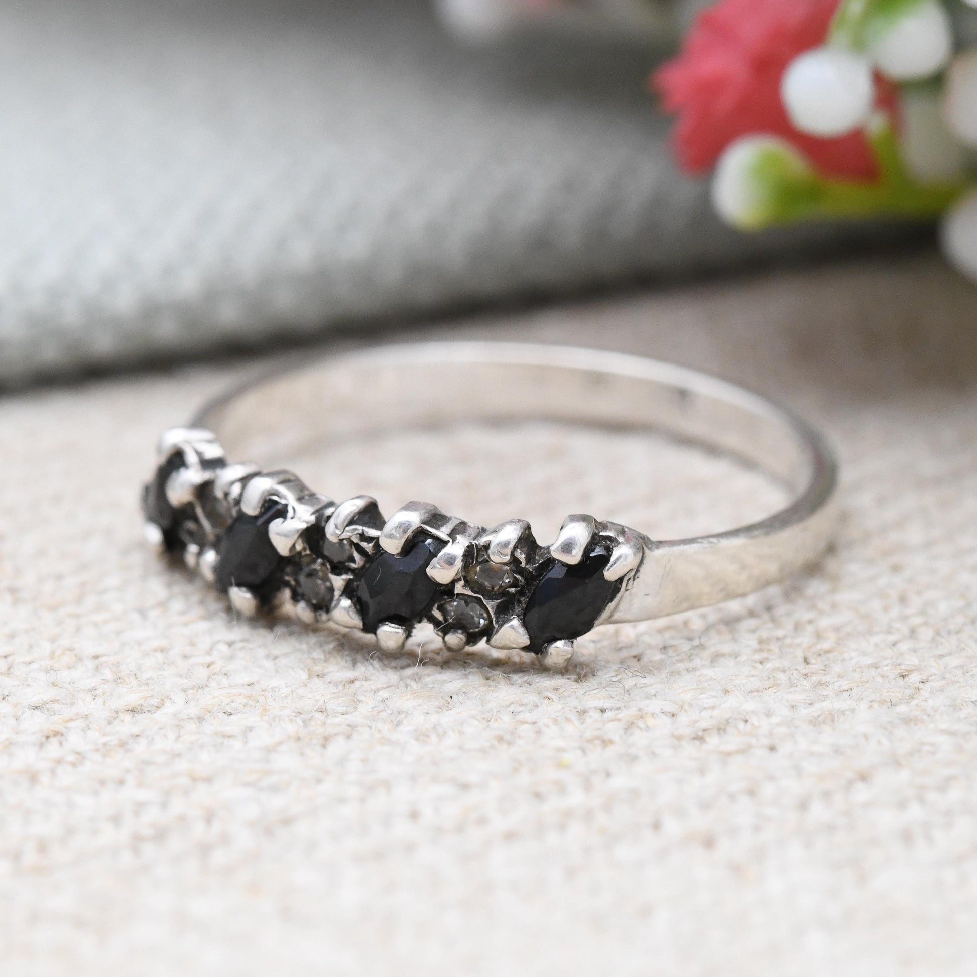 Vintage Sterling Silver Sapphire and Clear Stone Ring - Marquise Cut Design 1970s 1980s Pretty Gift for Her | UK Size - R | US Size - 8 1/2