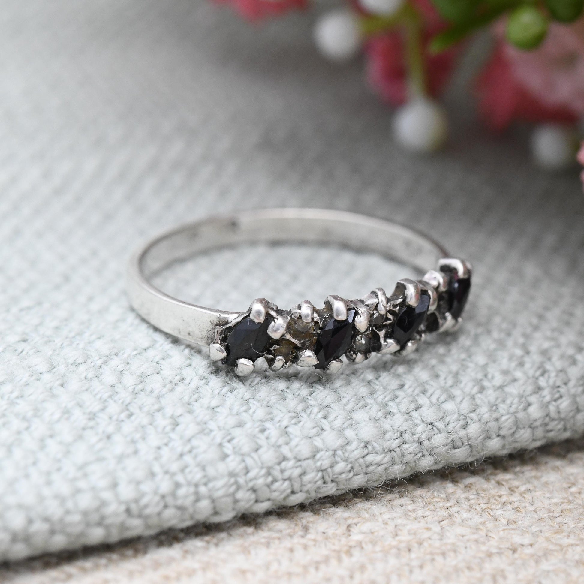 Vintage Sterling Silver Sapphire and Clear Stone Ring - Marquise Cut Design 1970s 1980s Pretty Gift for Her | UK Size - R | US Size - 8 1/2