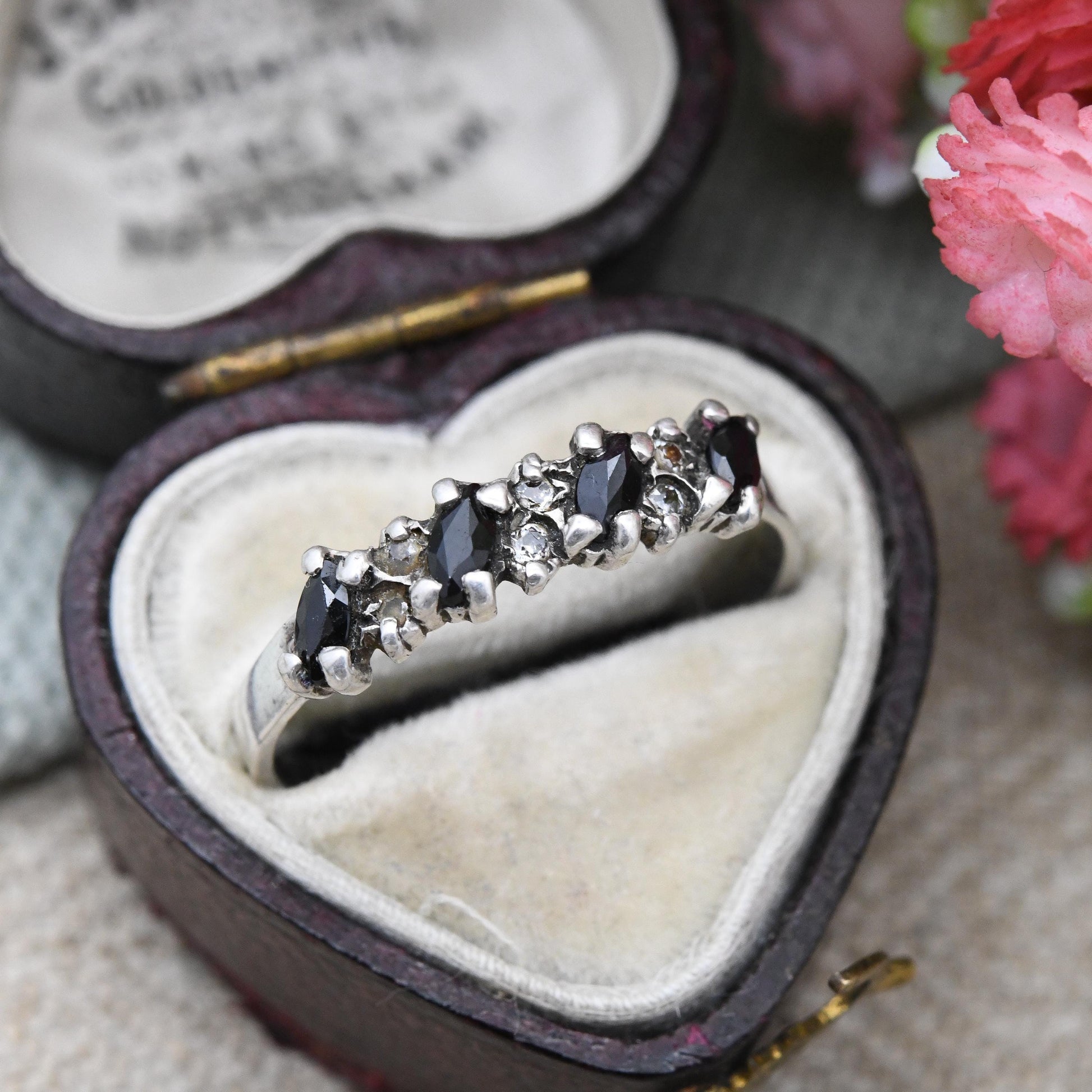 Vintage Sterling Silver Sapphire and Clear Stone Ring - Marquise Cut Design 1970s 1980s Pretty Gift for Her | UK Size - R | US Size - 8 1/2