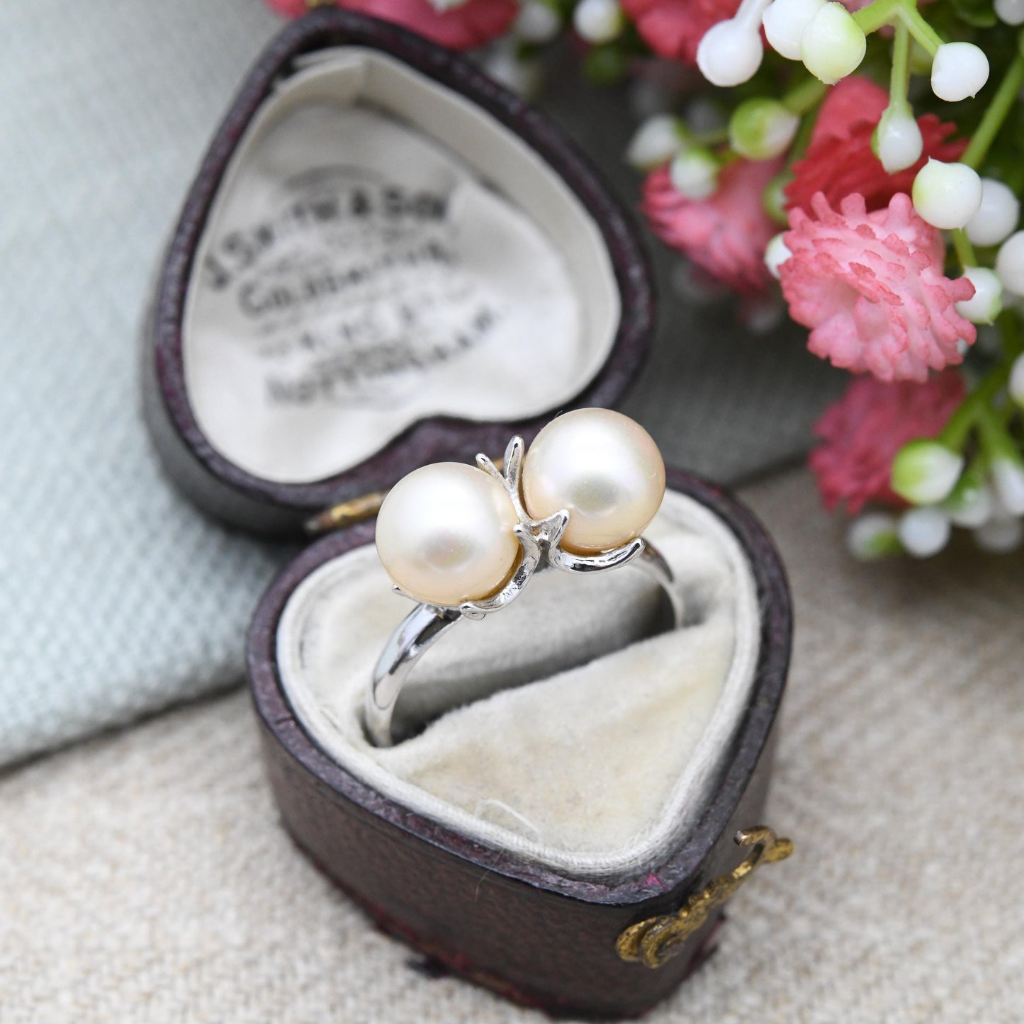 Vintage European Silver Faux Pearl Ring Toi et Moi Style - Large Double Pearls | UK Size - M 1/2 | US Size - 6 1/2