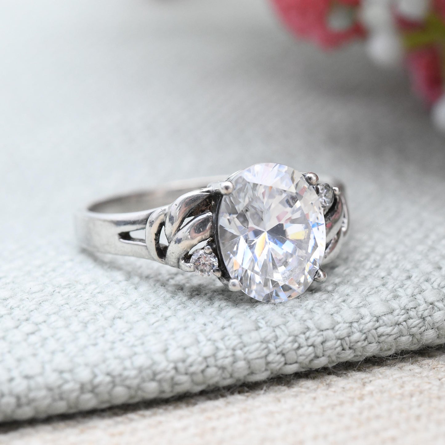 Sterling Silver Cubic Zirconia Ring Diamonique - Large White Stone CZ Statement Ring Y2K | Pretty Swirl Setting | UK Size - S | US Size - 9