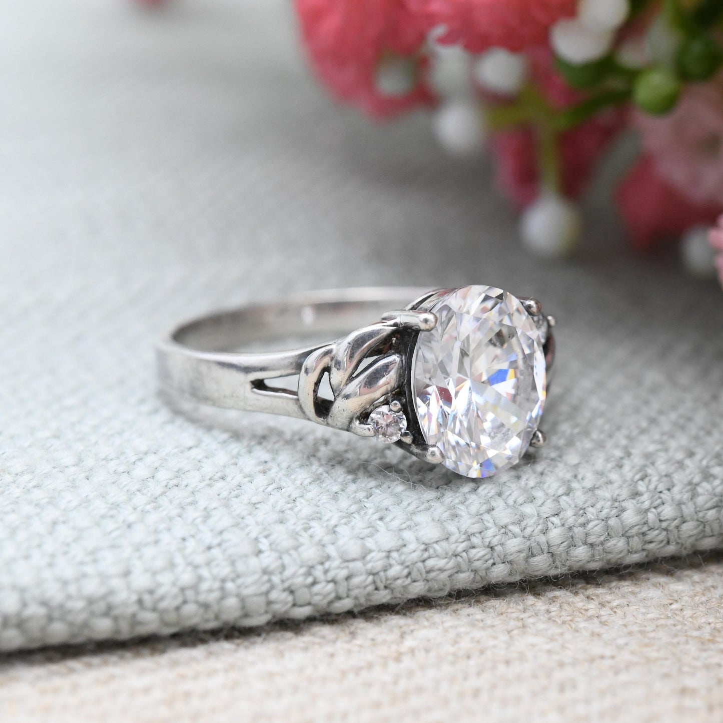 Sterling Silver Cubic Zirconia Ring Diamonique - Large White Stone CZ Statement Ring Y2K | Pretty Swirl Setting | UK Size - S | US Size - 9