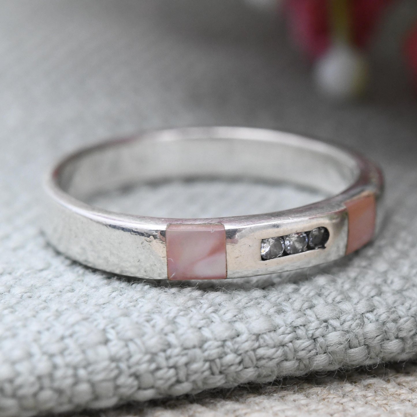 Vintage Sterling Silver Pink Mother of Pearl CZ Ring - Everyday Minimalist Silver Jewellery Flush Three Stone UK Size - P 1/2 | US Size - 8